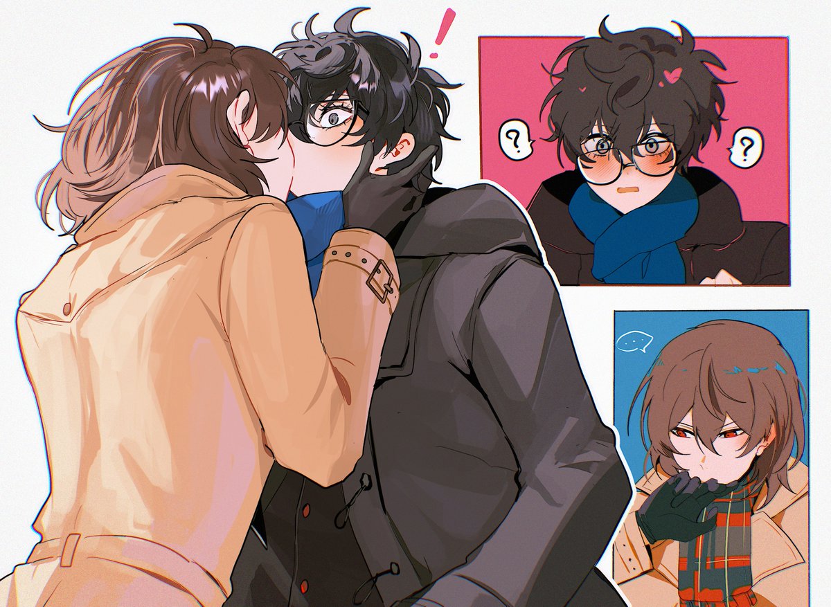fsmaichobpeg0, akechi gorou, amamiya ren, persona, persona 5, !, 2boys, ?, black coat, black gloves, black hair, blue scarf, blush, brown hair, coat, from behind, glasses, gloves, hand up, kiss, male focus, multiple boys, multiple views, open mouth, red eyes, scarf, short hair, spoken question mark, yaoi, yellow coat