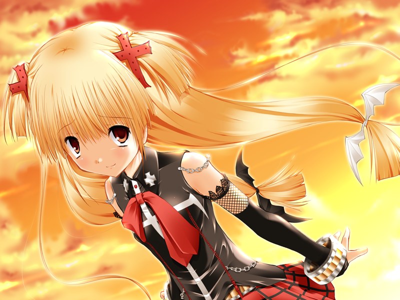 nimura yuuji, karen (triptych), alcot, triptych, 1girl, blush, cloud, elbow gloves, female focus, gloves, goth fashion, gothic lolita, lolita fashion, long hair, looking at viewer, outdoors, skirt, sky, solo, twintails