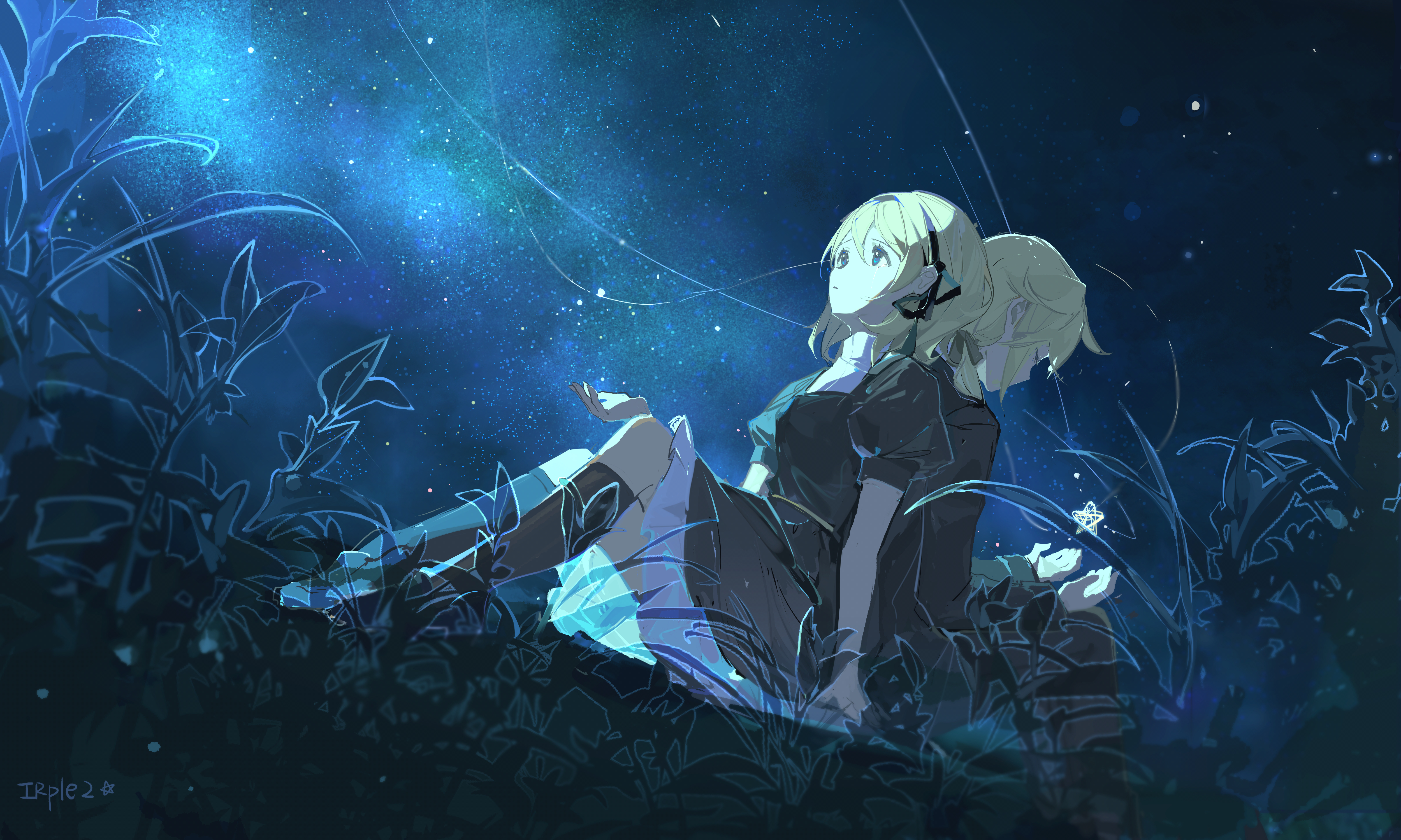 irple, kagamine len, kagamine rin, original, vocaloid, absurdres, highres, 1boy, 1girl, back-to-back, black dress, black jacket, black ribbon, black socks, blonde hair, blue eyes, dress, flower, frilled dress, frills, grass, hair ribbon, jacket, kneehighs, knees up, night, night sky, outdoors, pants, puffy short sleeves, puffy sleeves, ribbon, scenery, short hair, short sleeves, sitting, sky, socks, star (sky), starry sky