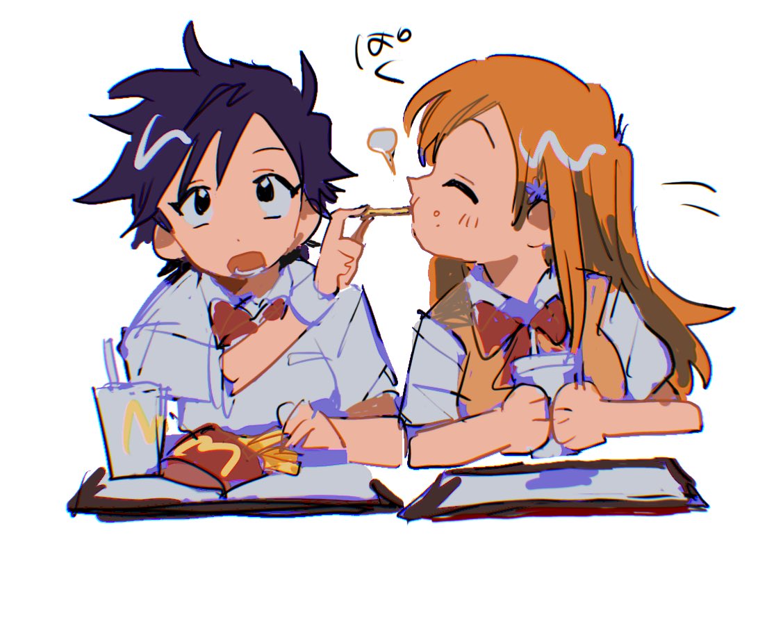 docoe dot, arisawa tatsuki, inoue orihime, bleach, mcdonald's, 2girls, black hair, bow, bowtie, closed eyes, collared shirt, cup, drinking straw, feeding, food, food on face, french fries, hair ornament, hairclip, holding, holding cup, holding food, karakura high school uniform, long hair, multiple girls, open mouth, orange hair, orange sweater vest, puff of air, red bow, red bowtie, school uniform, shirt, short hair, short sleeves, simple background, sweater vest, upper body, white background, white shirt