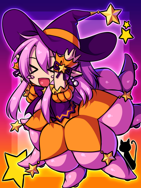 chigaya kibasaki, emil chronicle online, > <, 1girl, blush stickers, dress, earrings, halloween, hat, jewelry, long hair, monster girl, open mouth, orange dress, orange wrist cuffs, pearl earrings, pink hair, pointy ears, purple dress, purple hat, purple ribbon, ribbon, scylla, shugoma fumitsuki, solo, star (symbol), star symbol background, two-tone dress, witch hat, wrist cuffs