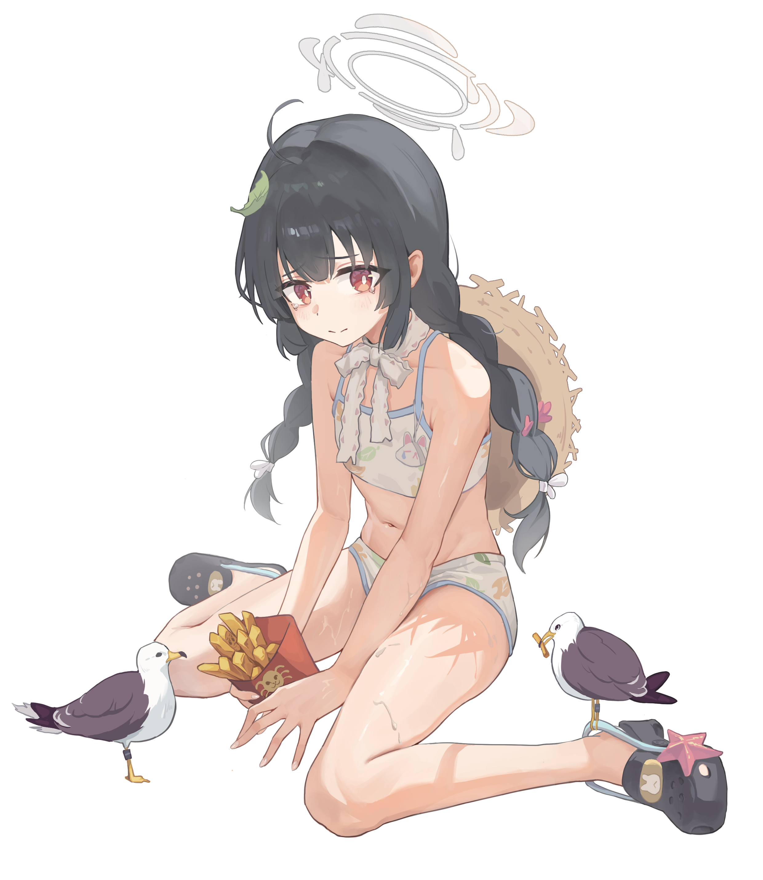juwei yaodai mao, miyu (blue archive), miyu (swimsuit) (blue archive), blue archive, absurdres, chinese commentary, commentary, highres, 1girl, ahoge, bare arms, bare legs, bikini, bird, black hair, blunt bangs, blunt ends, blush, bow, braid, bright pupils, closed mouth, crocs, flat chest, food, french fries, frown, full body, furrowed brow, grey halo, hair bow, halo, hat, hat on back, hime cut, holding, holding food, leaf, leaf on head, leaf print, long hair, navel, neck ribbon, official alternate costume, official alternate hairstyle, print bikini, red eyes, ribbon, seagull, sidelocks, simple background, sitting, solo, split mouth, starfish, stomach, straw hat, swimsuit, tearing up, thighs, twin braids, very long hair, wariza, white background, white bikini, white bow, white pupils, white ribbon