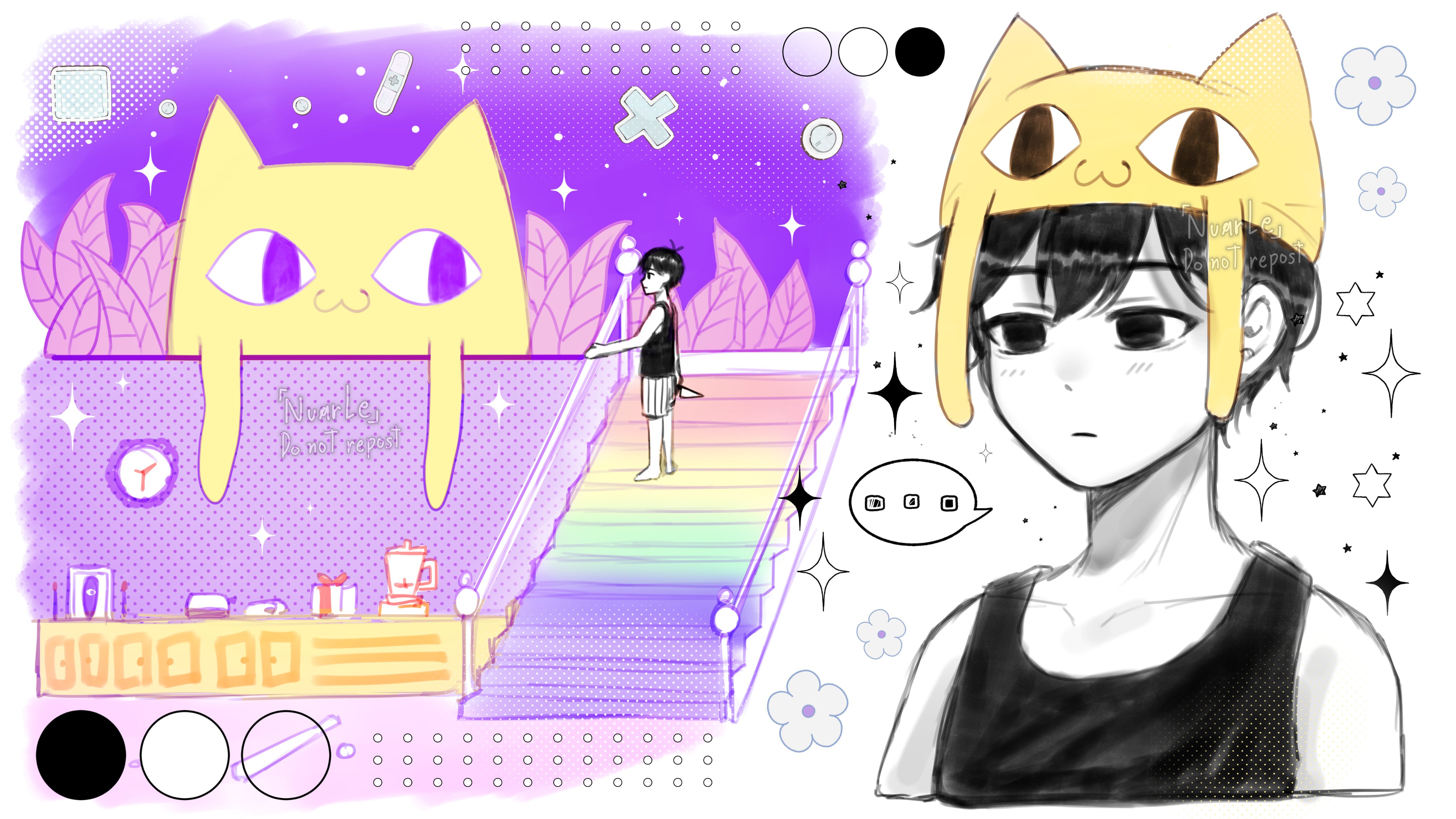nuarle, big yellow cat (omori), omori (omori), omori, absurdres, commentary, highres, symbol-only commentary, …, 1boy, animal hat, bare arms, bare shoulders, barefoot, black eyes, black hair, black tank top, blender (object), cat hat, clock, closed mouth, collarbone, colored skin, cropped torso, empty eyes, expressionless, flower, frown, gift, halftone, halftone background, hat, holding, holding knife, in-universe location, knife, leaf, looking ahead, looking at another, male focus, no pupils, on stairs, simple background, sparkle, spoken ellipsis, tank top, wall clock, watermark, white background, white flower, white skin, yellow hat