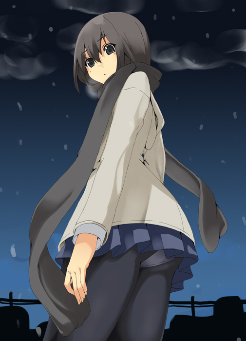date (senpen), original, 1girl, ass, black hair, blush, female focus, jacket, panties, panties under pantyhose, pantyhose, pantyshot, scarf, school uniform, serafuku, short hair, skirt, solo, underwear, upskirt