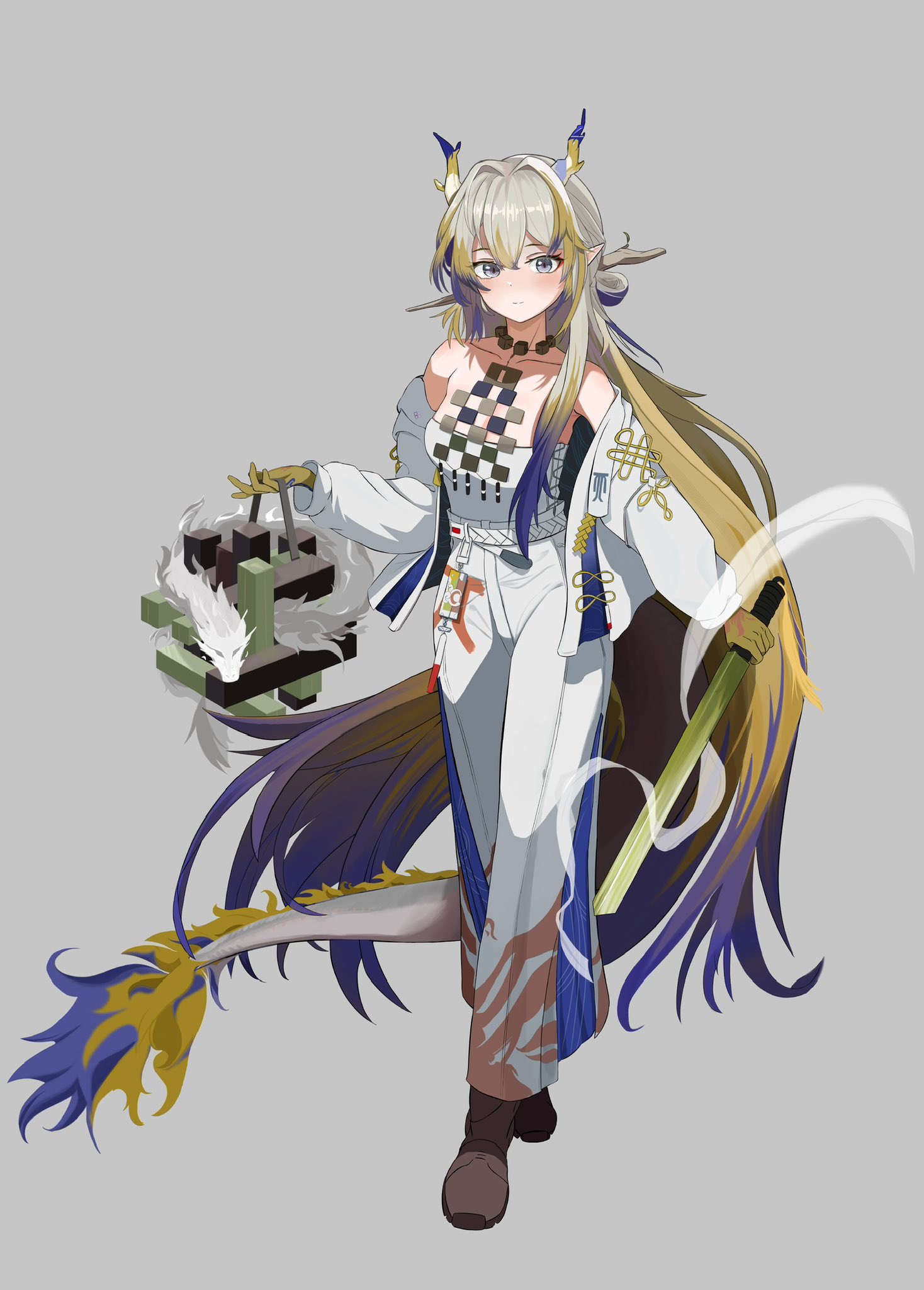 shu (arknights), arknights, highres, 1girl, azk2, bare shoulders, belt, blonde hair, blush, breasts, collarbone, dragon, dragon girl, dragon horns, dragon tail, eastern dragon, full body, grey background, grey eyes, grey hair, hair between eyes, holding, holding sword, holding weapon, horns, jacket, jewelry, light smile, long hair, long sleeves, looking at viewer, medium breasts, multicolored hair, necklace, off shoulder, pants, pointy ears, purple hair, simple background, solo, standing, strapless, sword, tail, tube top, very long hair, weapon, white belt, white jacket, white pants, white tube top