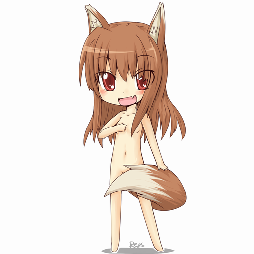 holo, spice and wolf, 00s, animal ears, blush, chibi, fang, long hair, nude, tail, wolf ears