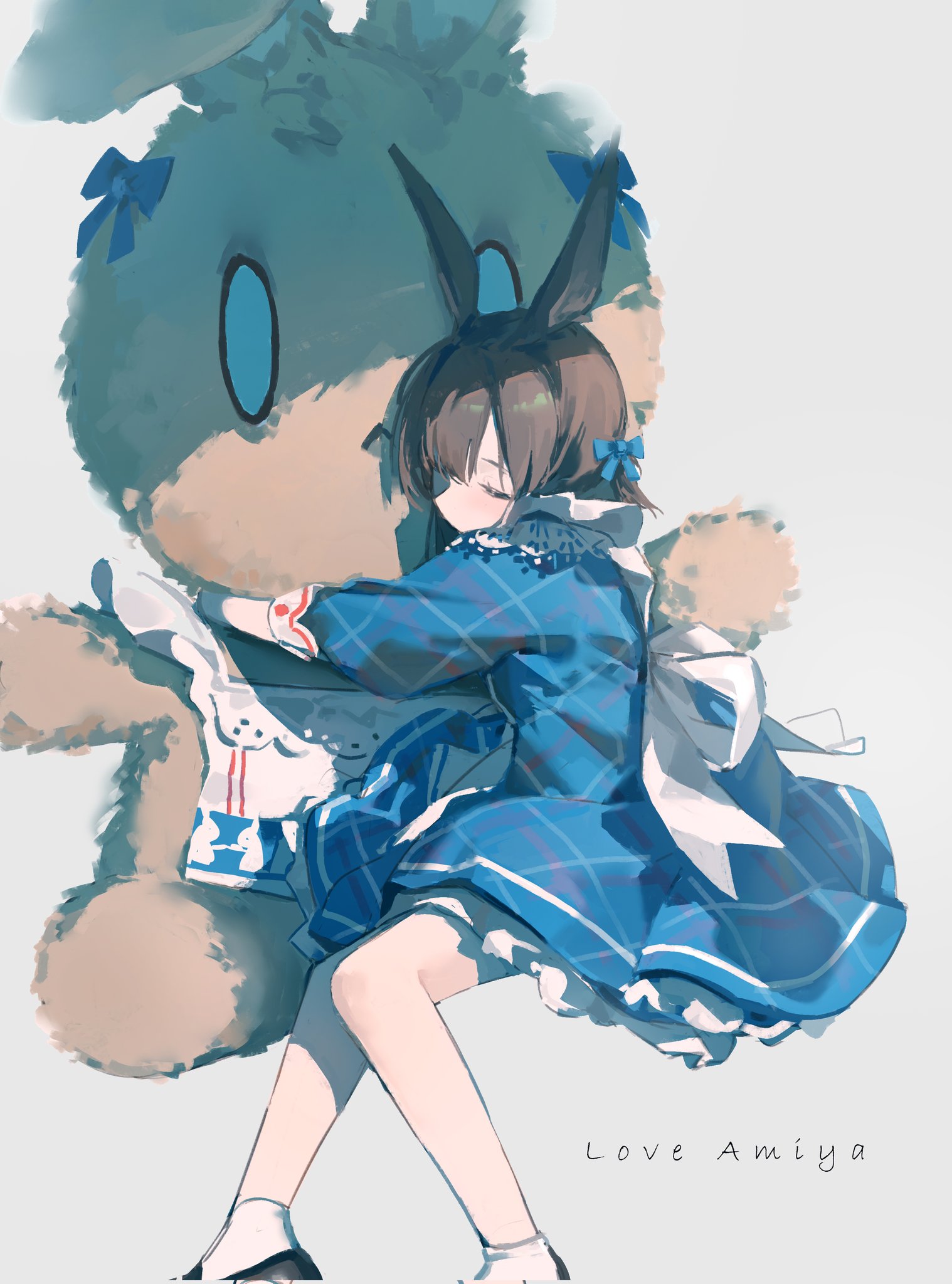 loong (loong blo), amiya (arknights), arknights, highres, 1girl, alternate costume, animal ears, apron, back ribbon, black shoes, blue dress, blue ribbon, brown hair, character name, closed eyes, dress, hair ribbon, holding, holding stuffed toy, rabbit ears, rabbit girl, ribbon, shoes, simple background, sitting, socks, solo, stuffed toy, white apron, white ribbon, white socks