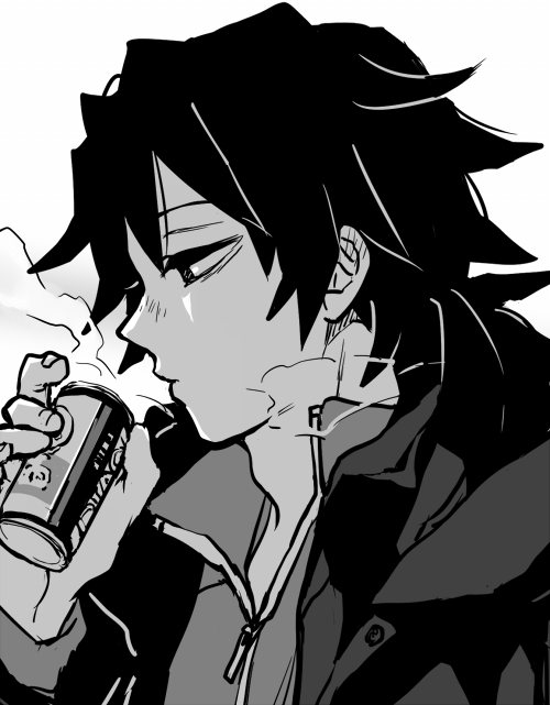 sinba (ying-hua), tomioka giyuu, kimetsu no yaiba, 1boy, alternate costume, can, close-up, coat, empty eyes, greyscale, hair between eyes, half-closed eyes, hand up, holding, holding can, hood, hooded coat, jacket, long hair, low ponytail, male focus, monochrome, open clothes, open coat, parted lips, ponytail, profile, solo, spiked hair, upper body, zipper pull tab