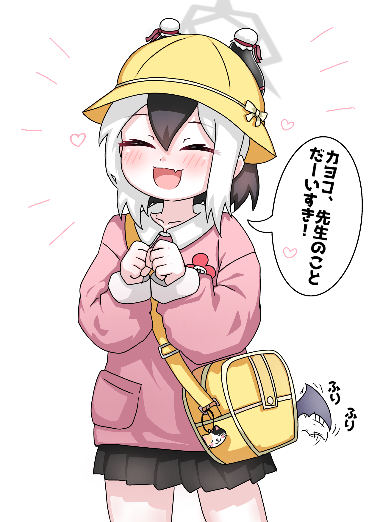 tomimon, kayoko (blue archive), blue archive, commentary request, highres, translation request, 1girl, :d, ^ ^, afterimage, aged down, bag, black hair, black skirt, blush, closed eyes, collared shirt, fang, flapping, grey wings, hair between eyes, halo, hat, horn cover, kindergarten bag, kindergarten uniform, long sleeves, low wings, multicolored hair, open mouth, pink shirt, pleated skirt, puffy long sleeves, puffy sleeves, shirt, shoulder bag, simple background, single wing, skirt, sleeves past wrists, smile, solo, two-tone hair, white background, white hair, wings, yellow hat