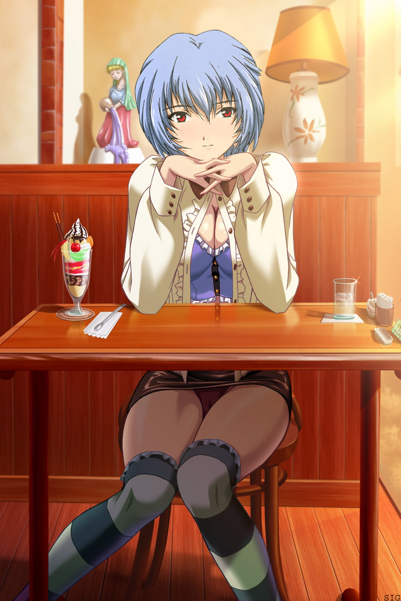 ayanami rei, neon genesis evangelion, striped, striped legwear, highres, blue hair, breasts, cleavage, food, kneehighs, large breasts, panties, pantyshot, red eyes, short hair, skirt, smile, socks, thighhighs, underwear, zettai ryouiki