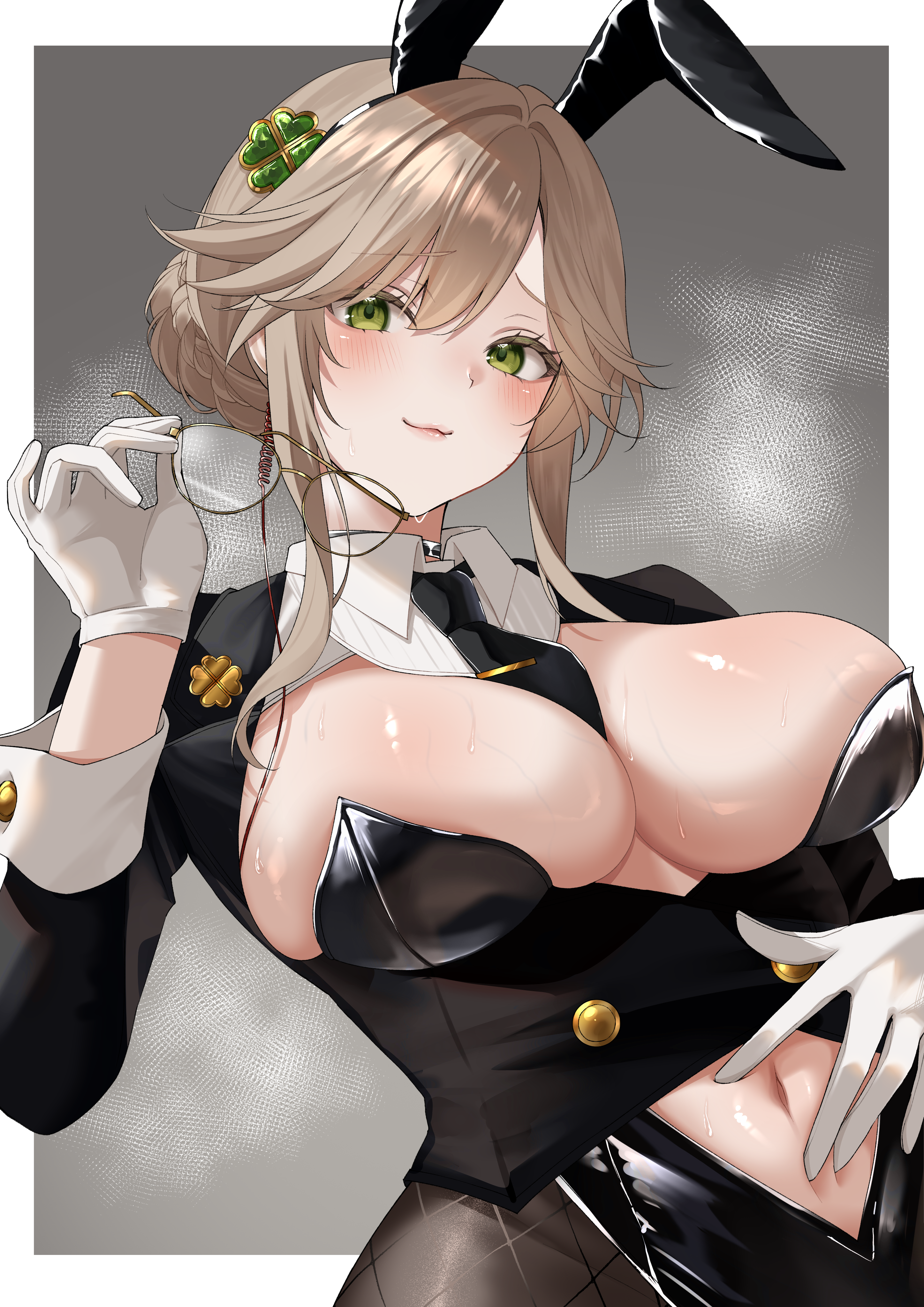 nigi (ngmnoym), ade (agent bunny) (nikke), ade (nikke), goddess of victory: nikke, absurdres, commentary request, highres, textless version, 1girl, :3, animal ear hairband, animal ears, between breasts, black coat, black leotard, black necktie, black pantyhose, blush, border, breasts, brown hair, bun with braided base, clothing cutout, clover hair ornament, clover pin, coat, fake animal ears, fishnet pantyhose, fishnets, four-leaf clover hair ornament, glasses, gloves, green eyes, hair bun, hair intakes, hair ornament, hairband, holding, holding removed eyewear, huge breasts, leotard, long sleeves, looking at viewer, navel, navel cutout, necktie, official alternate costume, official alternate hairstyle, outside border, pantyhose, playboy bunny, rabbit ear hairband, rabbit ears, sagging breasts, shiny skin, sidelocks, single hair bun, smile, solo, sweat, undersized breast cup, unworn eyewear, upper body, white border, white gloves, white wrist cuffs, wrist cuffs