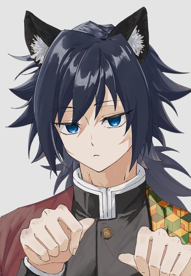 tomioka giyuu, kimetsu no yaiba, 1boy, animal ears, black hair, black jacket, blue eyes, buttons, cat ears, closed mouth, demon slayer uniform, empty eyes, gold buttons, grey background, hands up, haori, jacket, japanese clothes, kikkoumon, looking at viewer, low ponytail, male focus, nem yamm, ponytail, print haori, red haori, simple background, solo, spiked hair, upper body