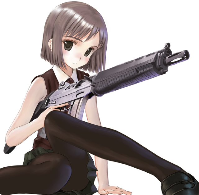 mocha, henrietta (gunslinger girl), gunslinger girl, sig sauer, md5 mismatch, resolution mismatch, source smaller, 00s, 1girl, assault rifle, blush, bob cut, brown eyes, brown hair, female focus, flat chest, grey eyes, gun, pantyhose, rifle, short hair, skirt, solo, weapon, white background