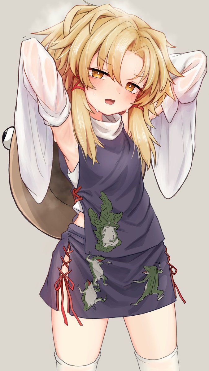 neritch, moriya suwako, touhou, commentary, highres, 1girl, animal print, armpits, blonde hair, detached sleeves, frog print, hair ornament, hat, looking at viewer, open mouth, purple skirt, purple vest, shirt, simple background, skirt, straw hat, sweat, sweatdrop, thighhighs, vest, white shirt, white thighhighs, yellow eyes