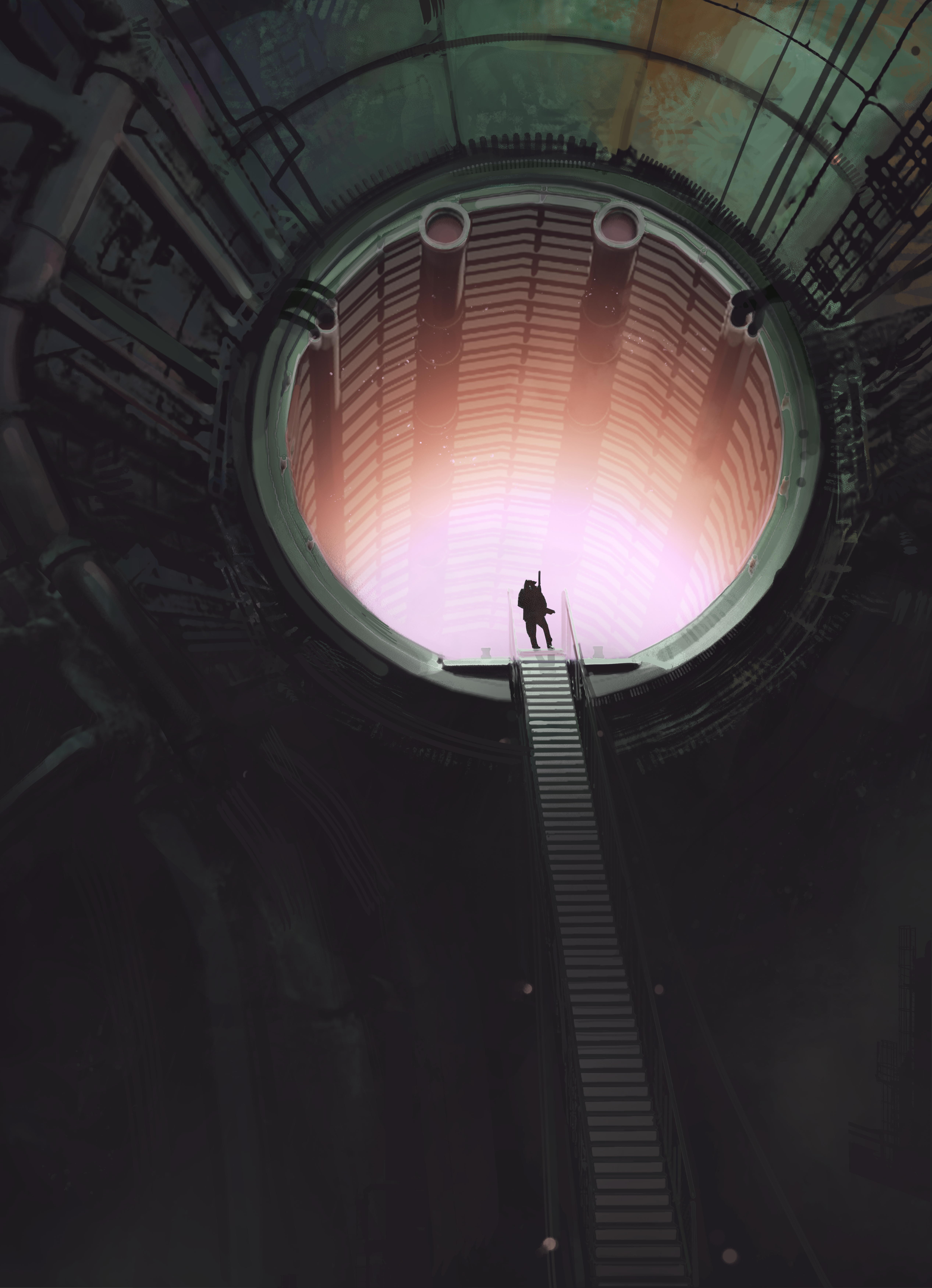 polilla, original, absurdres, commentary, english commentary, highres, 1boy, gun, holding, holding gun, holding weapon, male focus, military uniform, silhouette, solo, stairs, tube, weapon