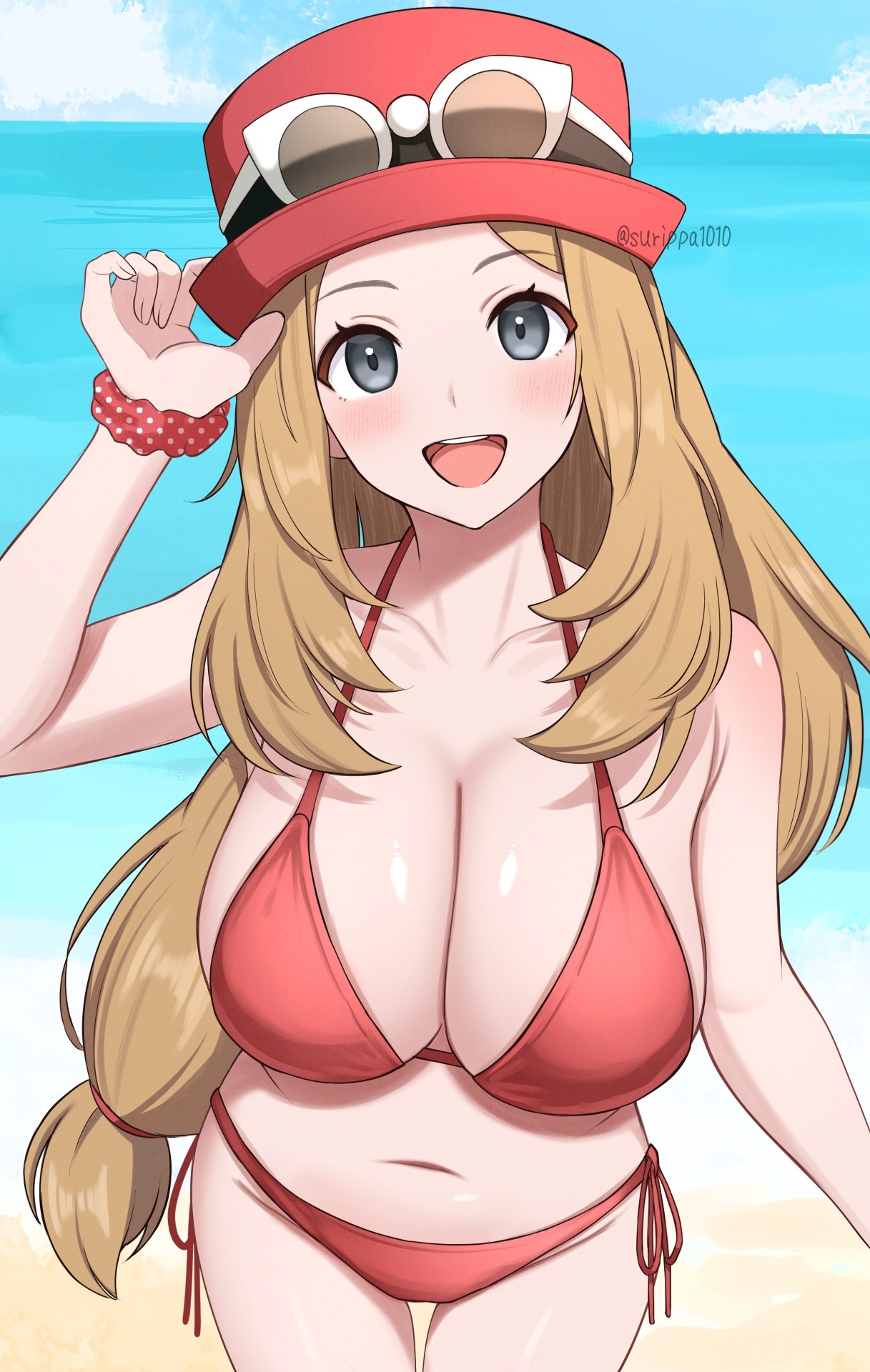 surippa1010, serena (pokemon), nintendo, pokemon, pokemon xy, highres, 1girl, :d, bikini, blonde hair, blue sky, breasts, cleavage, cloud, day, eyewear on headwear, grey eyes, hat, large breasts, looking at viewer, navel, ocean, open mouth, outdoors, red bikini, red hat, scrunchie, side-tie bikini bottom, sky, smile, solo, stomach, sunglasses, swimsuit, teeth, upper teeth only, white-framed eyewear, wrist scrunchie