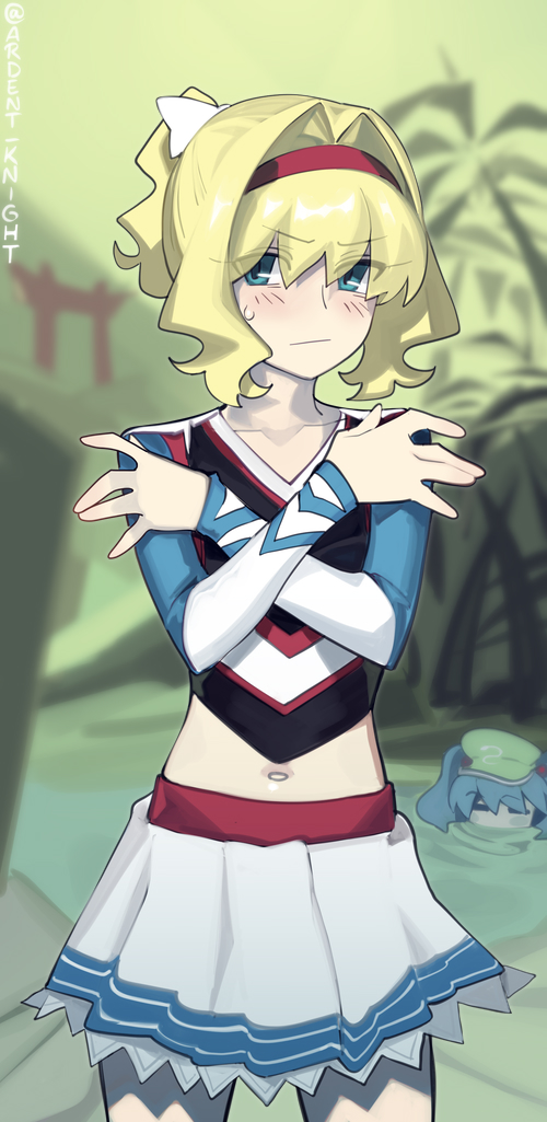 boa (brianoa), alice margatroid, kawashiro nitori, touhou, 2girls, alternate costume, alternate hairstyle, blonde hair, blue hair, blurry, blurry background, blush, collarbone, green hat, hairband, hat, looking at viewer, midriff, multiple girls, outdoors, red hairband, short hair, torii, water