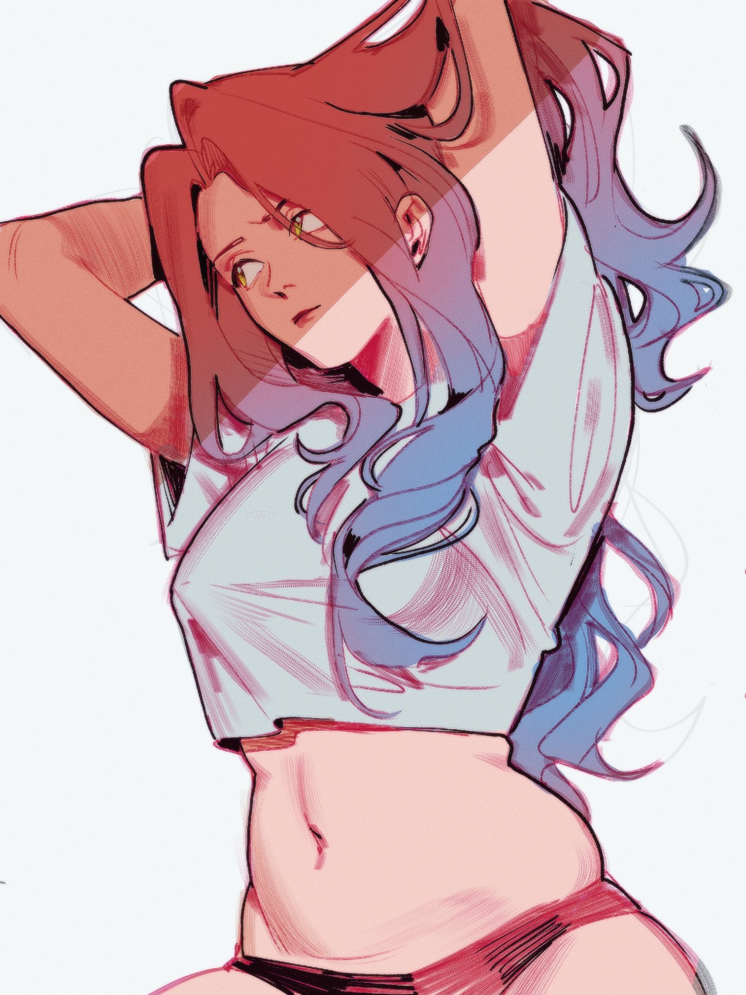 iria arts, mizi (alien stage), alien stage, commentary, highres, 1girl, arms up, blue hair, breasts, crop top, gradient hair, long hair, looking to the side, multicolored hair, navel, no pants, panties, pink hair, red panties, shirt, solo, underwear, very long hair, white shirt, yellow eyes