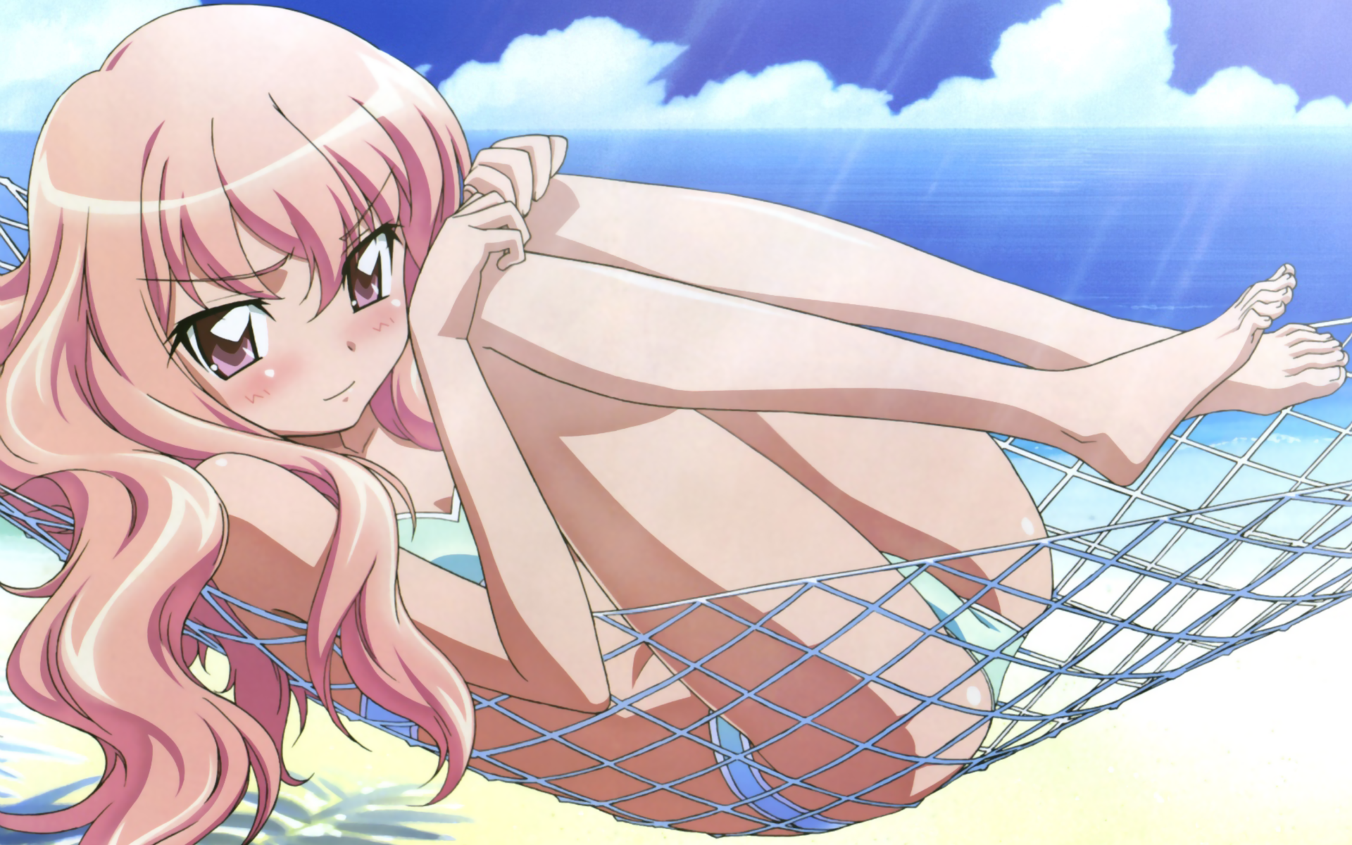 iwakura kazunori, louise francoise le blanc de la valliere, megami magazine, zero no tsukaima, artist request, highres, non-web source, official art, official wallpaper, scan, 00s, 1girl, ass, barefoot, beach, bikini, blush, cloud, day, embarrassed, feet, female focus, flat chest, hair between eyes, hammock, hugging own legs, knees to chest, legs, legs up, light rays, long hair, looking at viewer, lying, ocean, on back, outdoors, pink eyes, pink hair, pinup (style), profile, shadow, sidelocks, sky, smile, solo, sunbeam, sunlight, swimsuit, tree, water, wavy hair