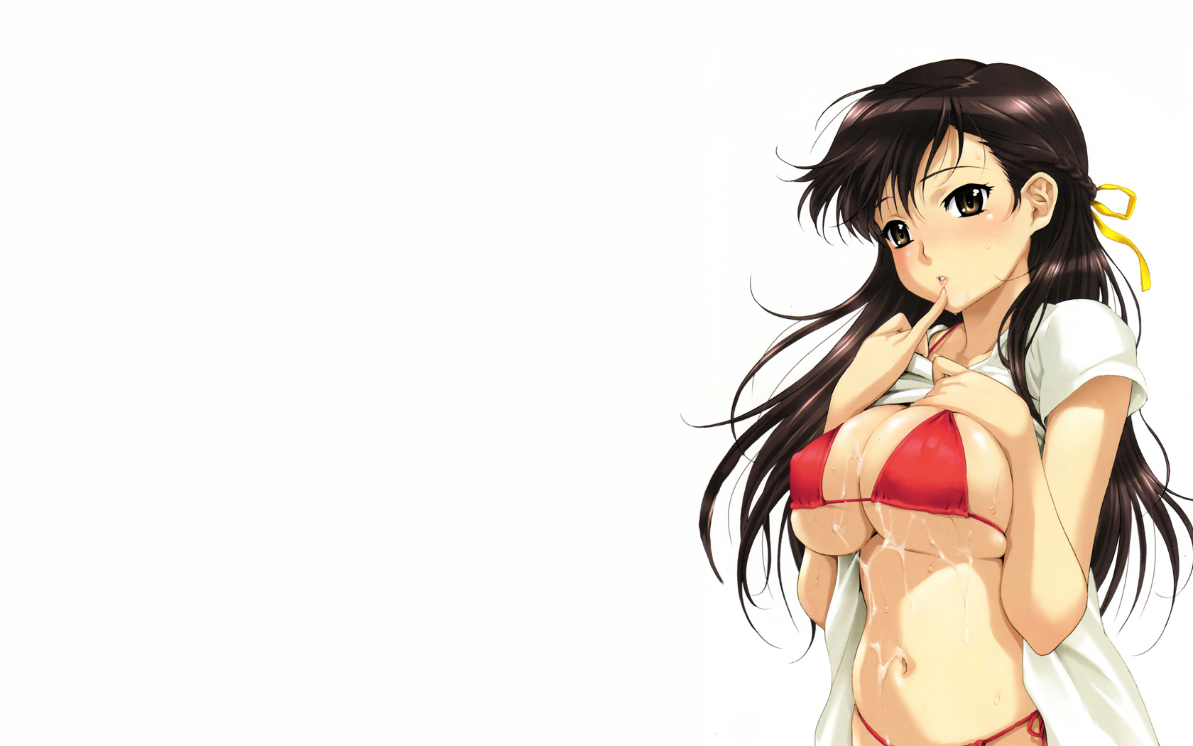 happoubi jin, character request, copyright request, highres, 1girl, bikini, bikini under clothes, blush, breast suppress, breasts, breasts squeezed together, brown eyes, brown hair, cleavage, clothes lift, covered erect nipples, cum, cum on body, cum on breasts, cum on upper body, female focus, finger to mouth, from side, hair ribbon, large breasts, lifting own clothes, lips, long hair, looking at viewer, navel, no pants, parted lips, red bikini, ribbon, shirt, shirt lift, side-tie bikini bottom, simple background, skindentation, solo, string bikini, suggestive fluid, sweat, swimsuit, swimsuit under clothes, underboob, upper body, white background, white shirt