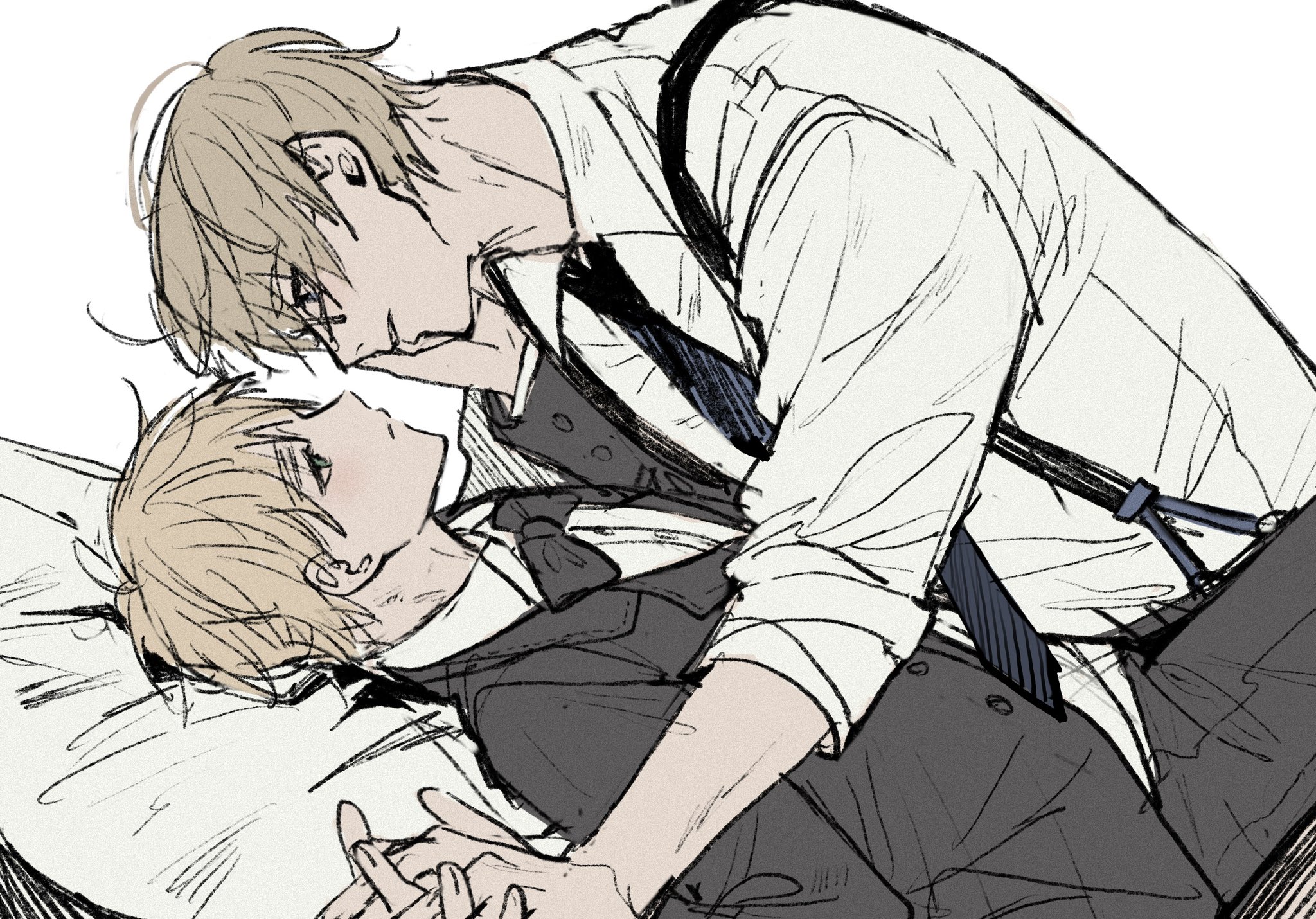 1923limit, america (hetalia), united kingdom (hetalia), axis powers hetalia, commentary, highres, 2boys, black bow, black bowtie, black jacket, black pants, black suit, blonde hair, blue eyes, bow, bowtie, closed mouth, collared shirt, eye contact, formal clothes, glasses, green eyes, holding hands, interlocked fingers, jacket, lapels, layered sleeves, long sleeves, looking at another, lying, male focus, multiple boys, notched lapels, on back, open clothes, open jacket, pants, parted lips, pillow, profile, shirt, simple background, sketch, suit, suit jacket, suspenders, white background, white shirt, wing collar, yaoi