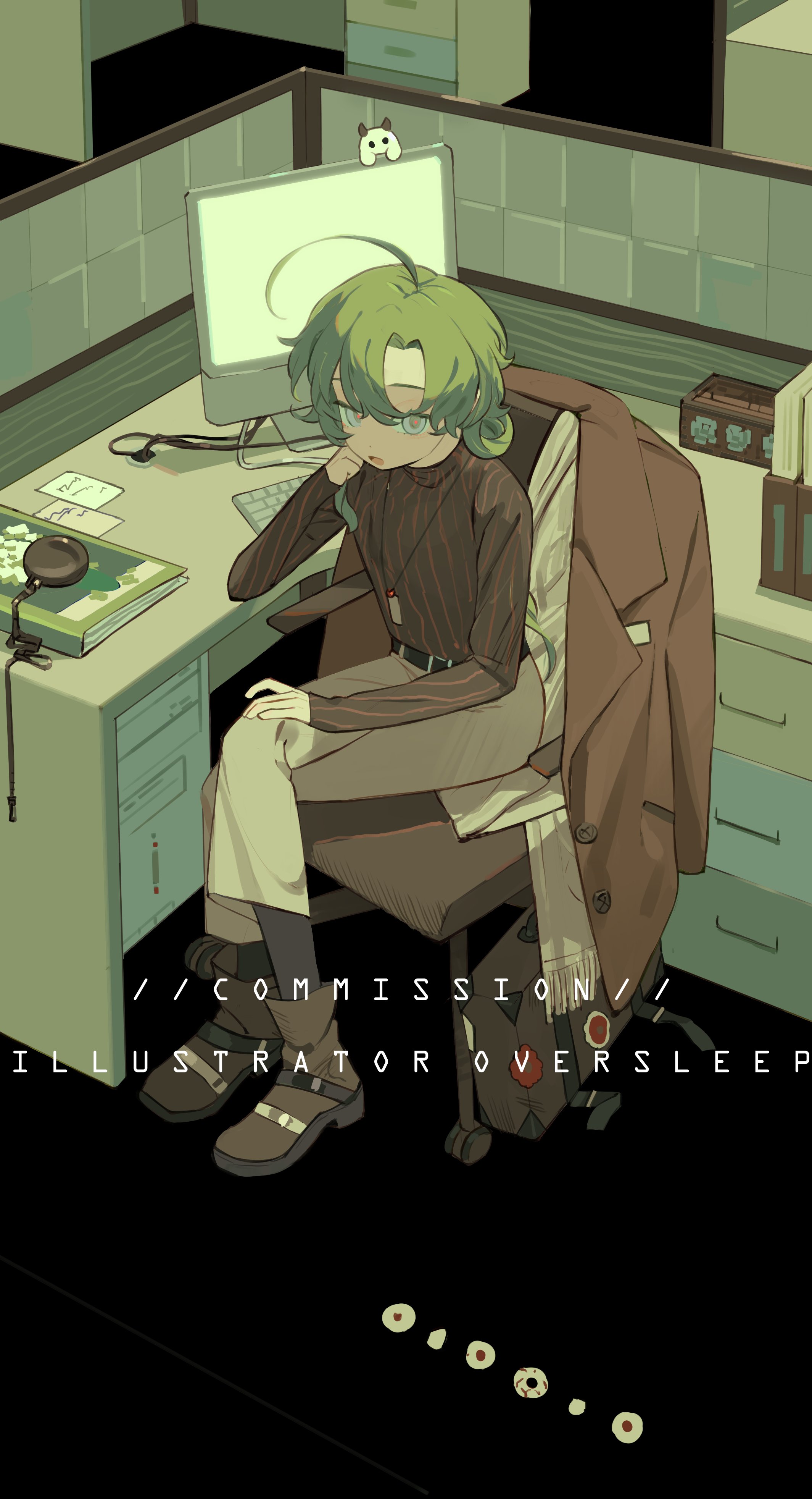 oversleep, original, absurdres, highres, 1girl, ahoge, belt, black belt, book, brown coat, brown jacket, brown shoes, chair, clothing aside, coat, computer, computer keyboard, crossed legs, desk, english text, full body, green hair, grey pants, hair bun, hand on own face, indoors, jacket, laptop, long sleeves, looking at viewer, monitor, no coat, no jacket, office chair, pants, parted bangs, pen, ribbed sweater, shoes, short hair, sitting, socks, solo, sweater, swivel chair, turtleneck, turtleneck sweater