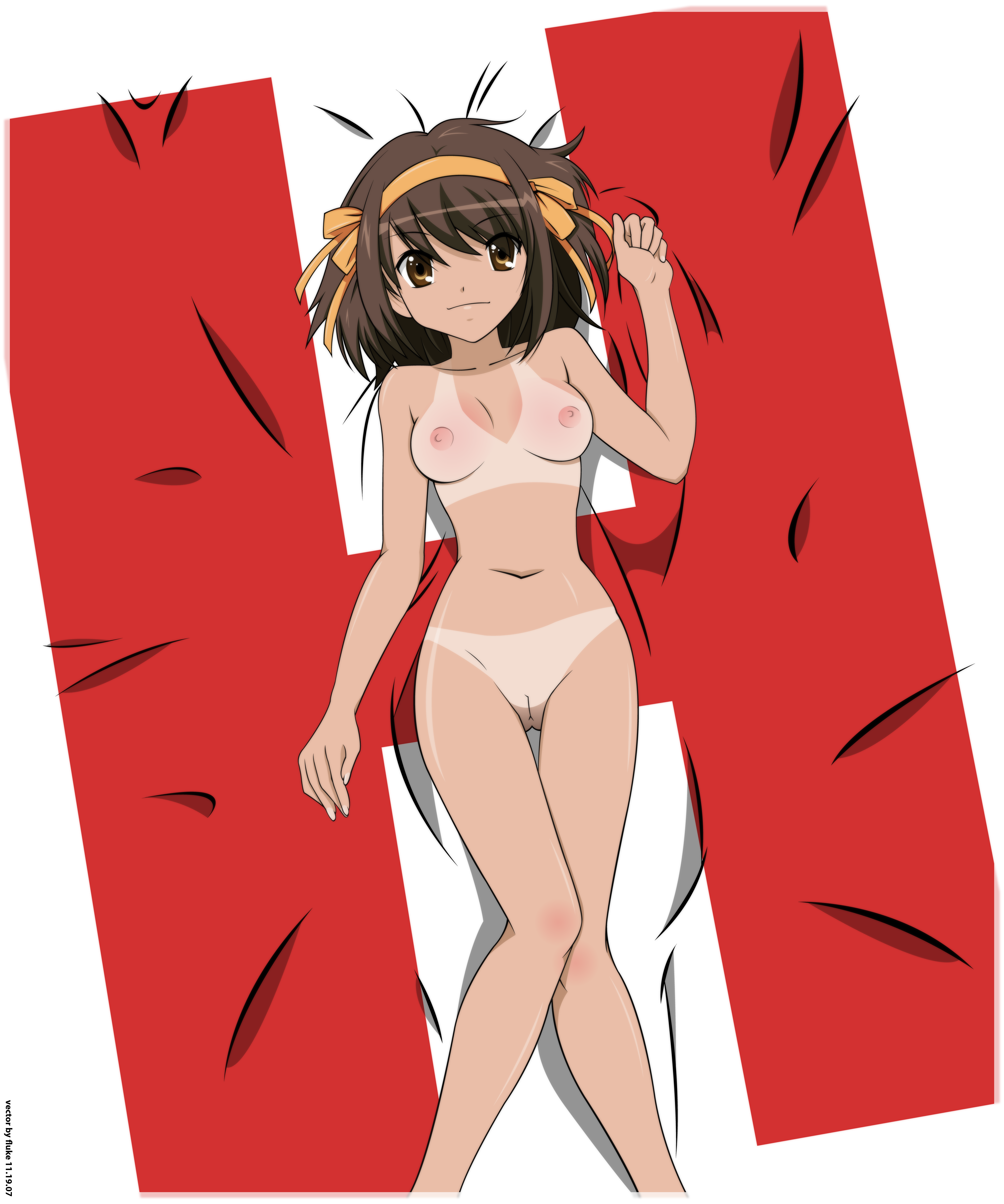 suzumiya haruhi, suzumiya haruhi no yuuutsu, absurdres, derivative work, highres, vector trace, 00s, 1girl, breasts, female focus, nude, pussy, short hair, solo, tan, tanline, uncensored