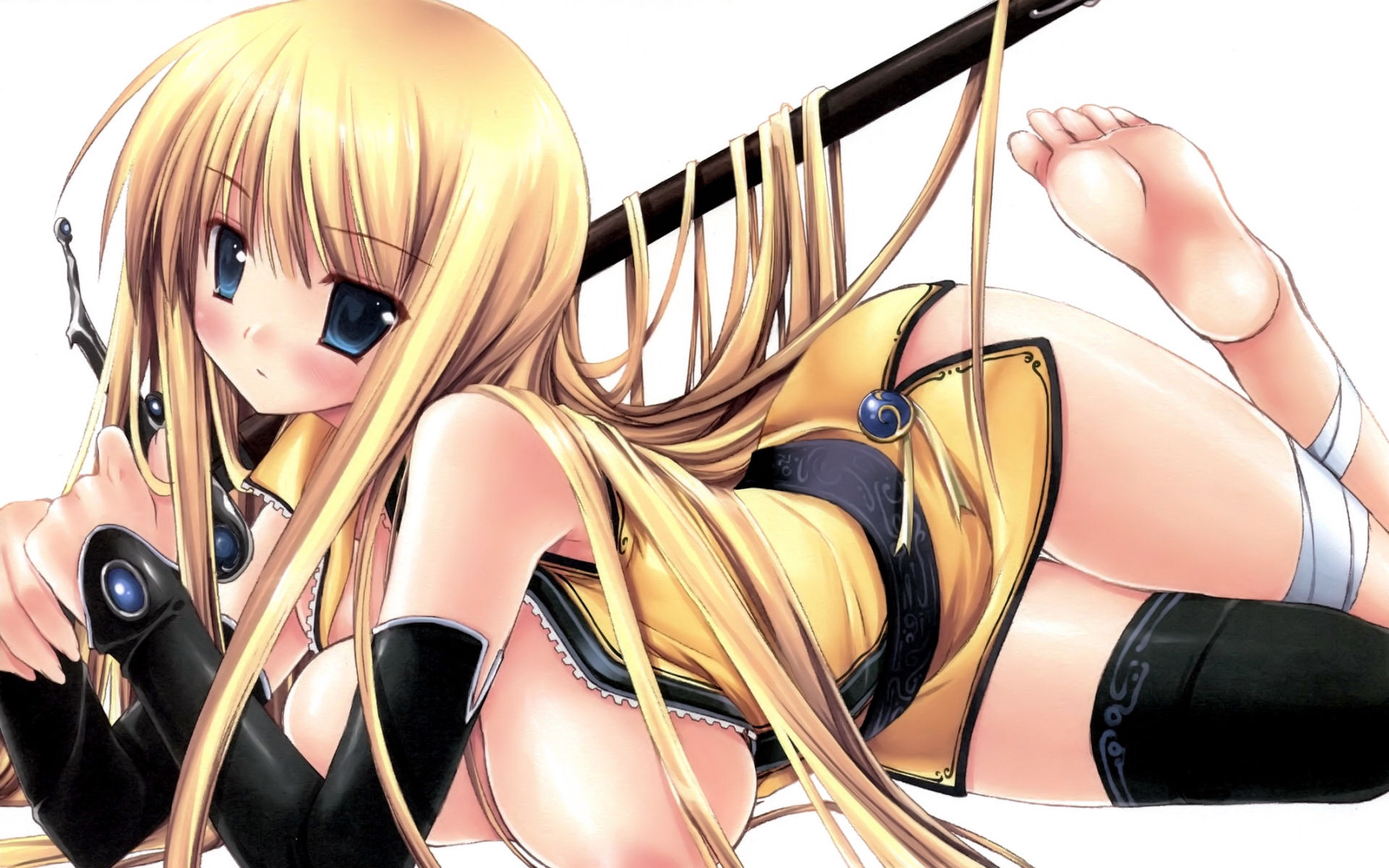 highres, blush, breasts, elbow gloves, gloves, long hair, open clothes, open shirt, shirt, skirt, sword, thighhighs, weapon