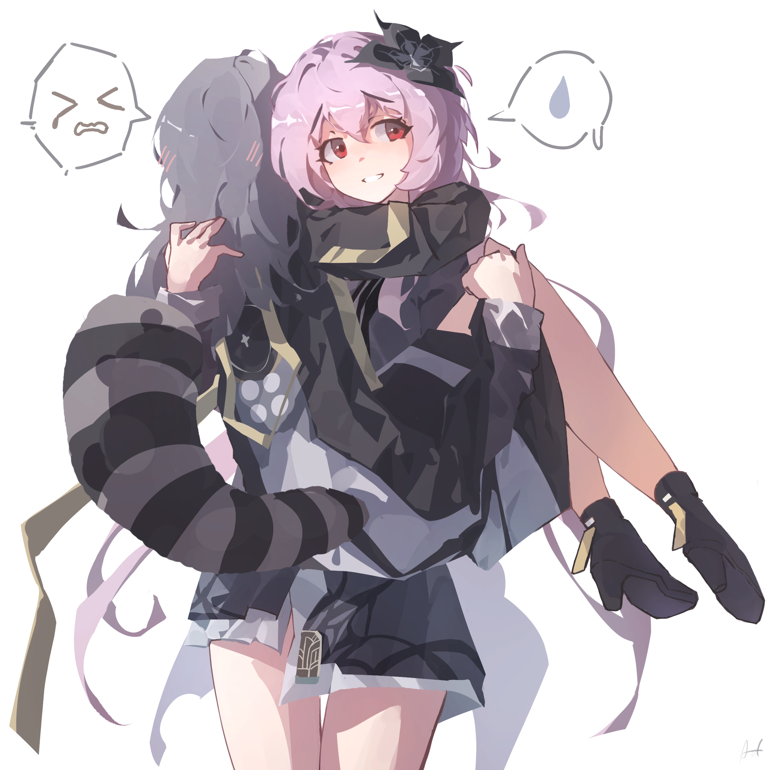 evernight (honkai: star rail), march 7th (honkai: star rail), stelle (honkai: star rail), trailblazer (honkai: star rail), honkai: star rail, honkai (series), absurdres, highres, > <, 2girls, awoodden, black jacket, blush, carrying, flower, grey hair, hair between eyes, hair flower, hair ornament, high heels, hug, jacket, long hair, long sleeves, medium hair, multiple girls, pink hair, princess carry, red eyes, simple background, smile, spoken expression, spoken sweatdrop, sweatdrop, tail, white background, yuri