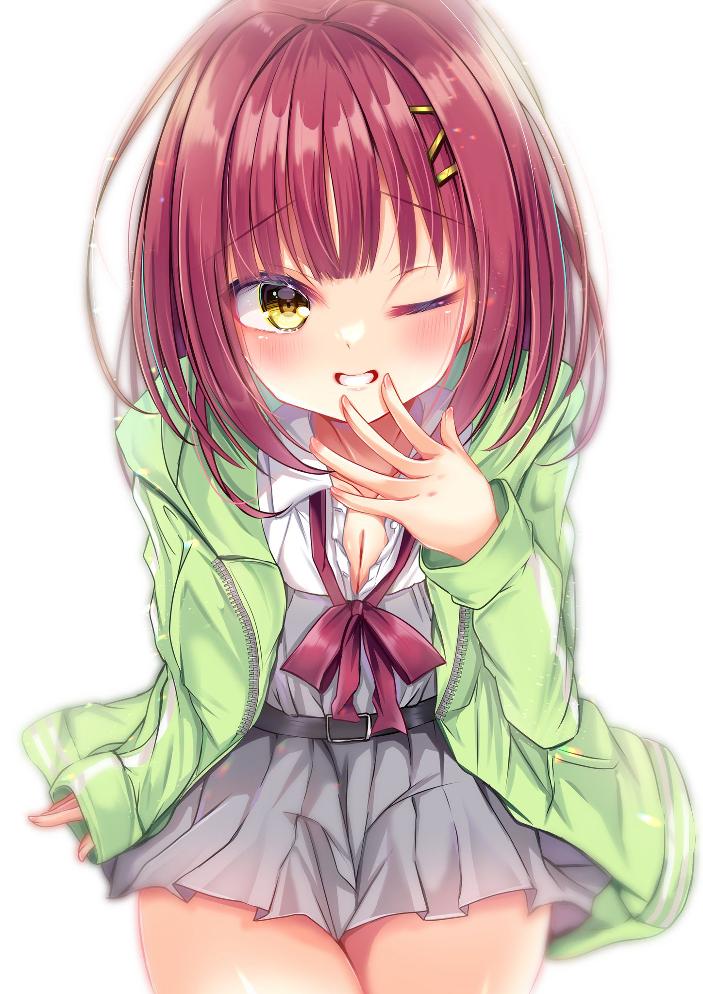 nekota min, commentary request, highres, 1girl, ;d, arm at side, belt, black belt, blunt bangs, blush, bow, bowtie, breasts, cleavage, cowboy shot, fingernails, futamihara ririko, green jacket, grey skirt, grin, hair ornament, hairclip, hand up, hood, hood down, hooded jacket, jacket, limelight lemonade jam, looking at viewer, medium hair, miniskirt, one eye closed, open clothes, open jacket, open mouth, open shirt, outstretched hand, parallel hairclips, pleated skirt, red bow, red bowtie, red hair, shirt, simple background, sitting, skirt, sleeves past wrists, smile, solo, straight-on, straight hair, white background, white shirt, yellow eyes