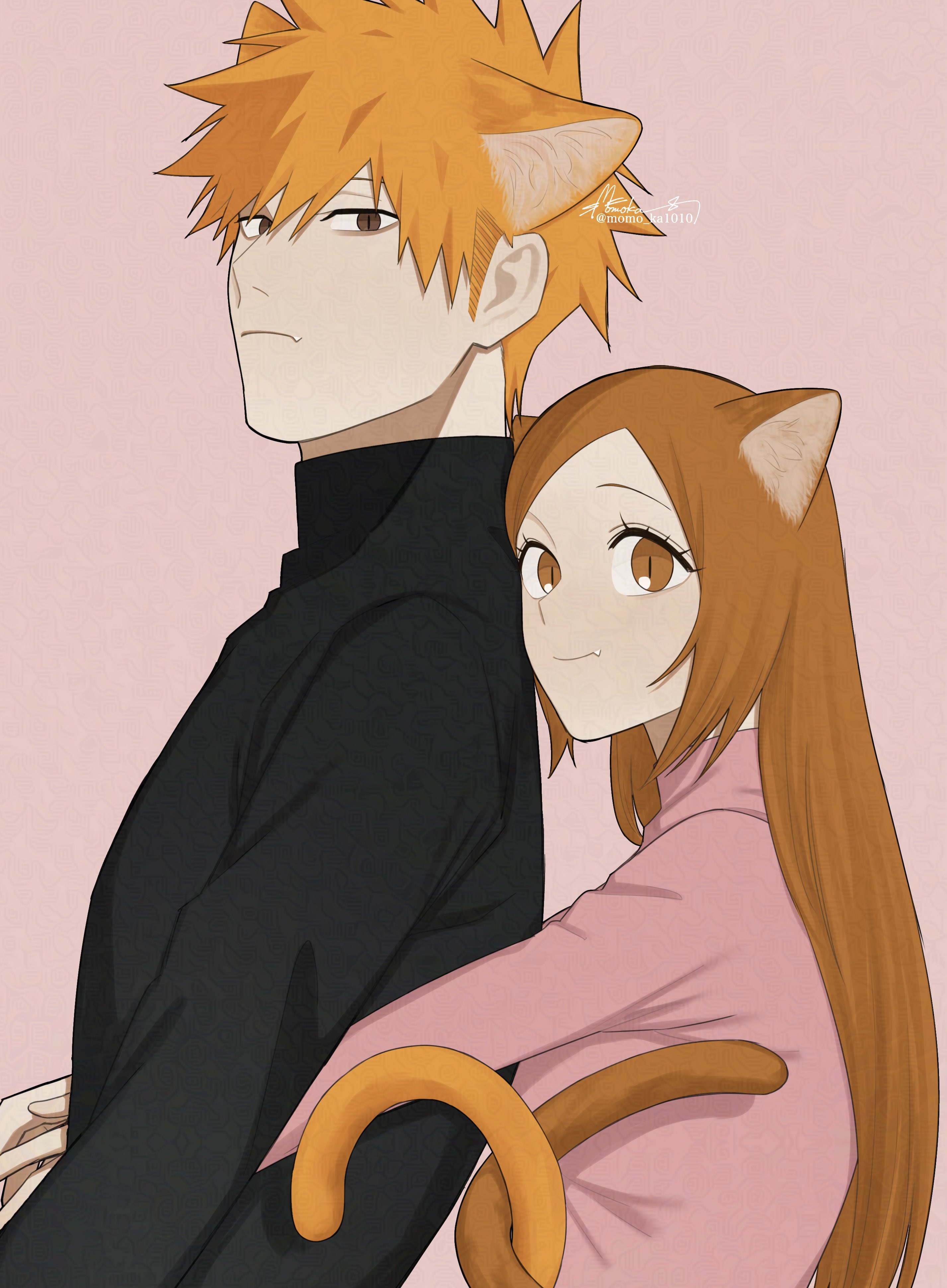 inoue orihime, kurosaki ichigo, bleach, absurdres, commentary request, highres, 1boy, 1girl, animal ears, black sweater, brown eyes, brown hair, cat day, cat ears, cat tail, closed mouth, extra ears, from side, hair between eyes, head on another's back, height difference, hug, hug from behind, intertwined tails, long hair, looking at viewer, momo ka1010, orange hair, pink background, pink sweater, short hair, spiked hair, sweater, tail, turtleneck, turtleneck sweater, upper body