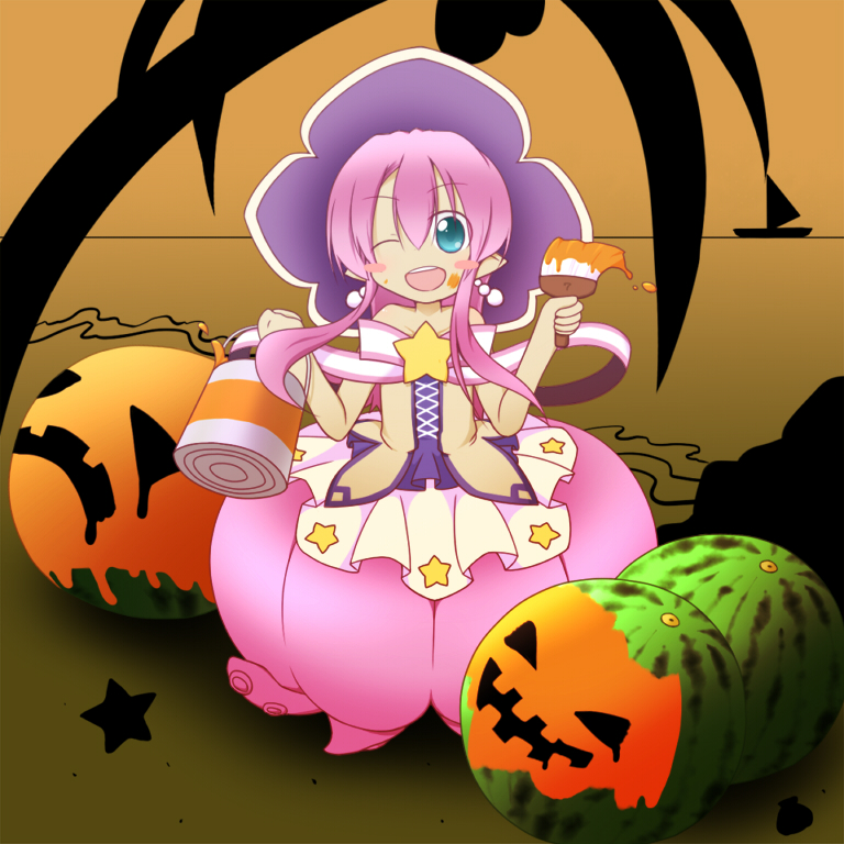 5k hanasaki, emil chronicle online, 1girl, blush stickers, can, dress, earrings, food, fruit, halloween, hat, holding, holding brush, holding can, jack-o'-lantern print, jewelry, long hair, long sidelocks, monster girl, off-shoulder shirt, off shoulder, one eye closed, open mouth, paint can, pearl earrings, pink hair, pointy ears, purple hat, scylla, shirt, shugoma fumitsuki, sidelocks, skirt, solo, star (symbol), watermelon, white dress, white skirt