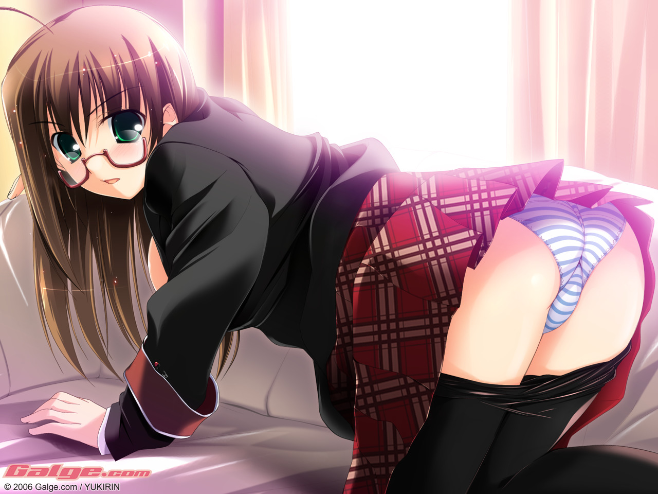 yukirin, galge.com, plaid, striped, uniform, wallpaper, ahoge, all fours, ass, bent over, blazer, blue panties, blush, breasts, brown hair, couch, glasses, green eyes, long hair, looking back, open clothes, open mouth, open shirt, panties, pantyhose, pantyhose pull, pleated skirt, school uniform, sideboob, skirt, striped panties, trefoil, underwear, watermark