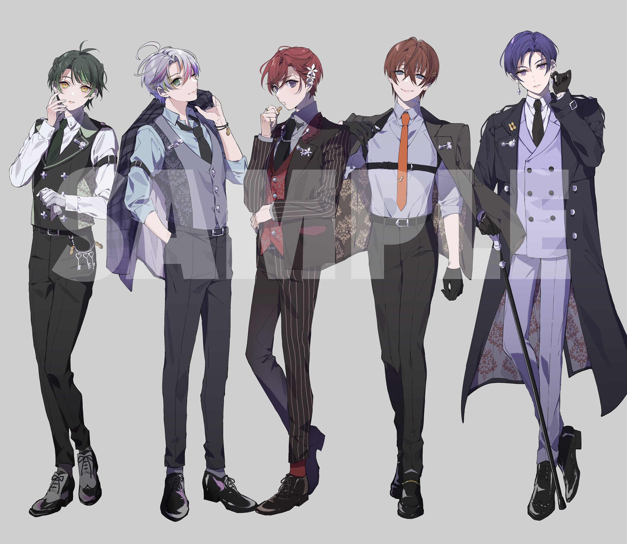 luka ooooo, highres, official art, 5boys, ;), adjusting clothes, ahoge, antenna hair, belt, belt buckle, black belt, black coat, black gloves, black jacket, black necktie, black pants, black suit, blue eyes, blue shirt, bracelet, braid, brown hair, buckle, buttons, cane, chest harness, closed mouth, coat, coe. (starlight polaris), collared shirt, cross-laced shoes, crossed bangs, crystal earrings, cut bangs, double-breasted, dress shoes, earrings, expressionless, flower, food, formal clothes, full body, gloves, green hair, green necktie, grey background, grey hair, grey shirt, grey socks, grey vest, hair between eyes, hair flower, hair ornament, half up braid, hand in pocket, hand on own hip, harness, holding, holding cane, holding food, holding gloves, holding jacket, holding unworn clothes, jacket, jacket over shoulder, jewelry, key, keyring, kisaragi you (starlight polaris), kottaro (starlight polaris), kuni (starlight polaris), lapel pin, lapels, lineup, long sleeves, looking at viewer, male focus, multicolored hair, multiple boys, necktie, notched lapels, one eye closed, open clothes, open coat, open collar, open jacket, orange necktie, oxfords, pants, parted bangs, parted lips, patterned clothing, peanut, pink hair, pinstripe jacket, pinstripe pants, pinstripe pattern, pinstripe suit, purple eyes, purple hair, purple jacket, purple pants, purple suit, pursed lips, red hair, red socks, red vest, relu (starlight polaris), sample watermark, shirt, shoes, short hair, side part, sideways glance, simple background, single glove, sleeve garter, sleeves rolled up, smile, socks, standing, starlight polaris, streaked hair, stud earrings, suit, suit jacket, sweater guard, swept bangs, two-sided coat, two-sided fabric, two-sided jacket, unworn gloves, unworn jacket, vest, wallet chain, watermark, white gloves, white shirt, yellow eyes