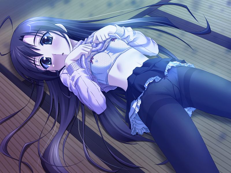 minazuki haruka, miyazono mashiro, mashiro botan, 1girl, ahoge, blush, bra, clothes lift, female focus, green eyes, lingerie, long hair, lying, midriff, open mouth, panties, panties under pantyhose, pantyhose, shirt lift, skirt, skirt lift, solo, sweater, thighband pantyhose, underwear, upskirt