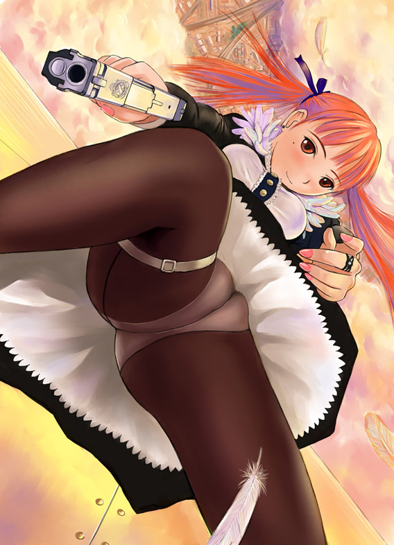 mimura kaoru, 1girl, blush, cameltoe, combat maid, female focus, gun, handgun, long hair, maid, mole, mole under eye, panties, pantyhose, pistol, skirt, solo, twintails, underwear, weapon