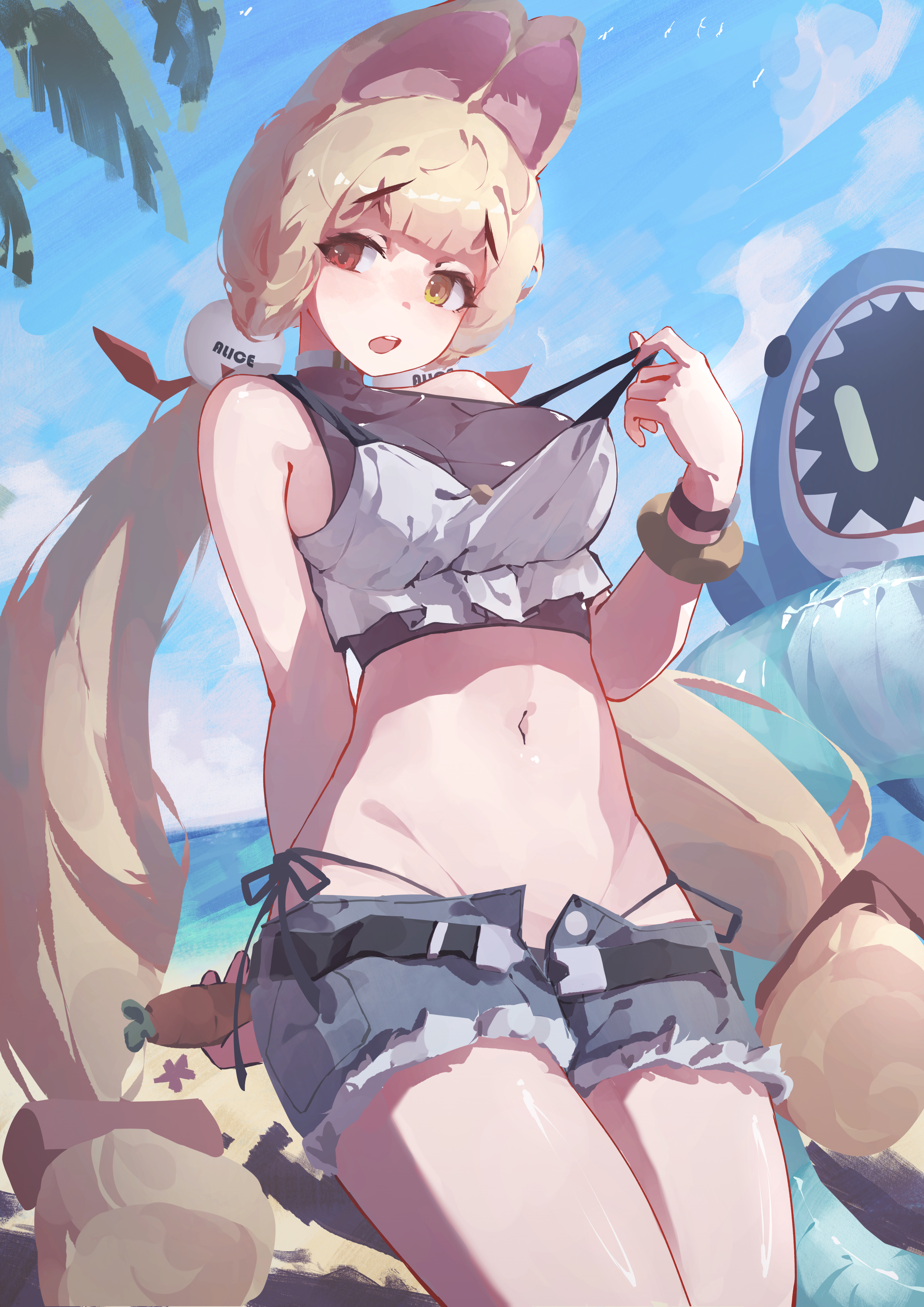 alipheese fateburn xvi, zenless zone zero, absurdres, highres, 1girl, arm behind back, awoodden, beach, belt, blonde hair, blue shorts, blue sky, breasts, carrot, cloud, cowboy shot, crop top, day, denim, denim shorts, hair ornament, heterochromia, holding, inflatable toy, innertube, jewelry, large breasts, long hair, low twintails, midriff, navel, open fly, open mouth, outdoors, panties, red eyes, removing bra, short shorts, shorts, side-tie panties, sky, solo, stomach, swim ring, swimsuit, twintails, underwear, very long hair, yellow eyes