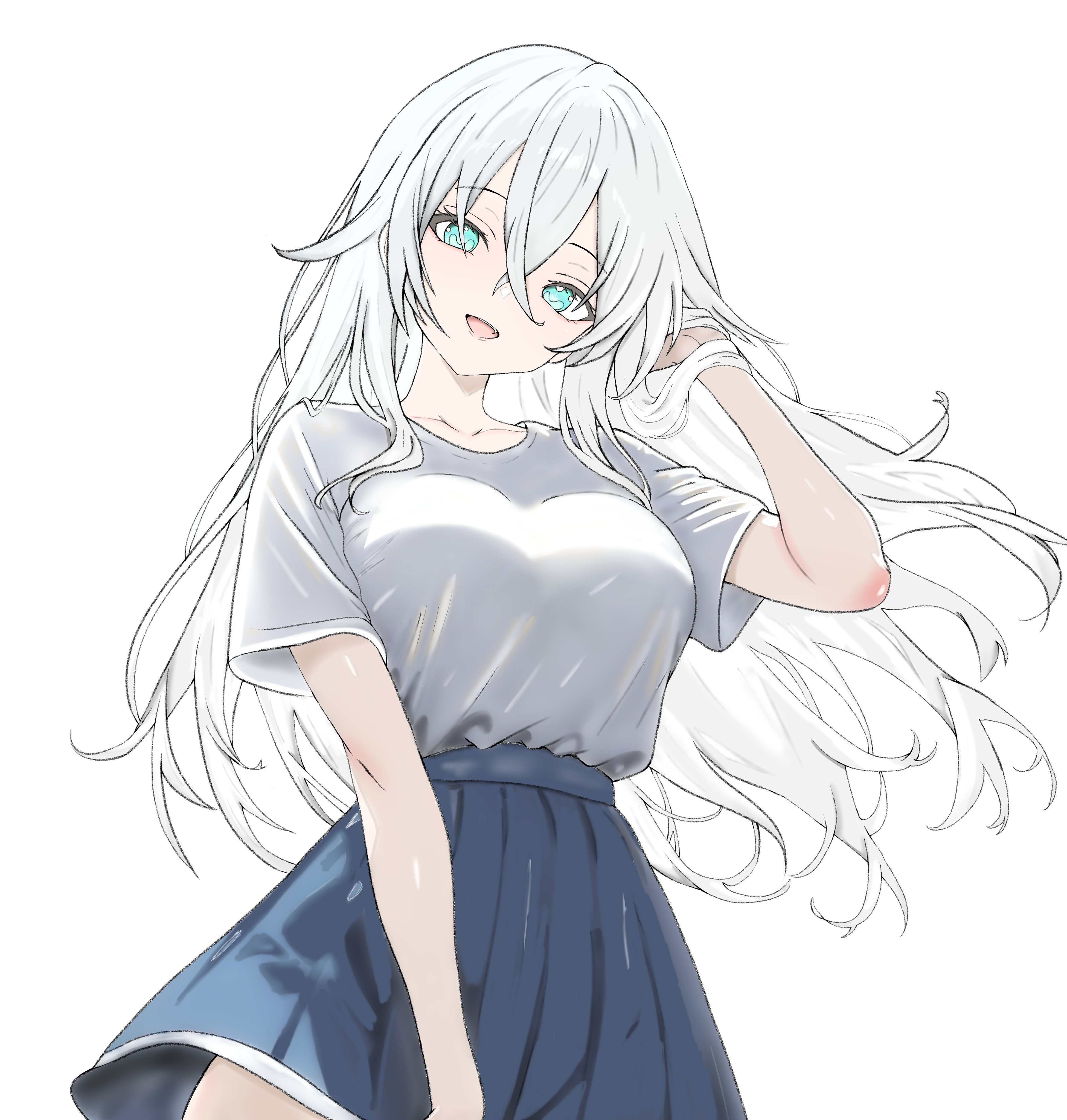 yoshi mcswagger, black heart (neptunia), neptune (series), absurdres, commentary, english commentary, highres, 1girl, aqua eyes, blue eyes, blue skirt, breasts, hair flaps, hand in own hair, hand up, long hair, looking at viewer, medium breasts, miniskirt, open mouth, pleated skirt, shirt, shirt tucked in, short sleeves, simple background, single horizontal stripe, skirt, skirt tug, smile, solo, t-shirt, upper body, very long hair, white background, white hair, white shirt