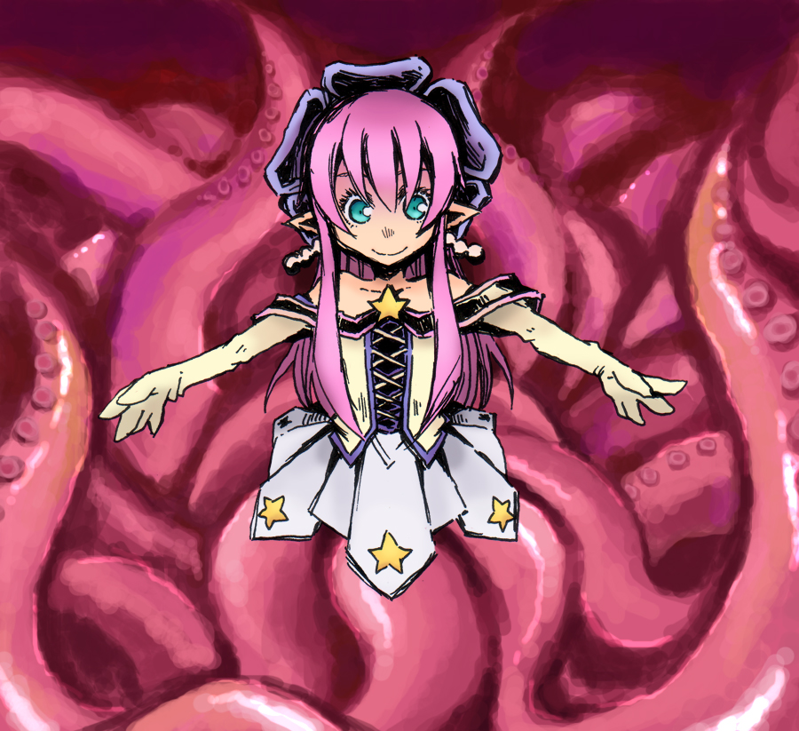 sasakamakue, emil chronicle online, 1girl, bare shoulders, blue eyes, blue hat, earrings, hat, jewelry, long hair, long sidelocks, looking at viewer, monster girl, off-shoulder shirt, off shoulder, outstretched arms, pearl earrings, pink hair, scylla, shirt, shugoma fumitsuki, sidelocks, skirt, solo, star (symbol), white shirt, white skirt