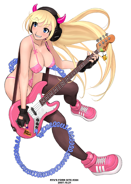 ryu (ryu's form site), pikachu, nintendo, original, pokemon, 1girl, bass guitar, bikini, blonde hair, blush, bra, breasts, cleavage, female focus, full body, gen 1 pokemon, guitar, headphones, horns, instrument, large breasts, lingerie, long hair, panties, pink bikini, pokemon (creature), simple background, solo, swimsuit, thighhighs, underwear