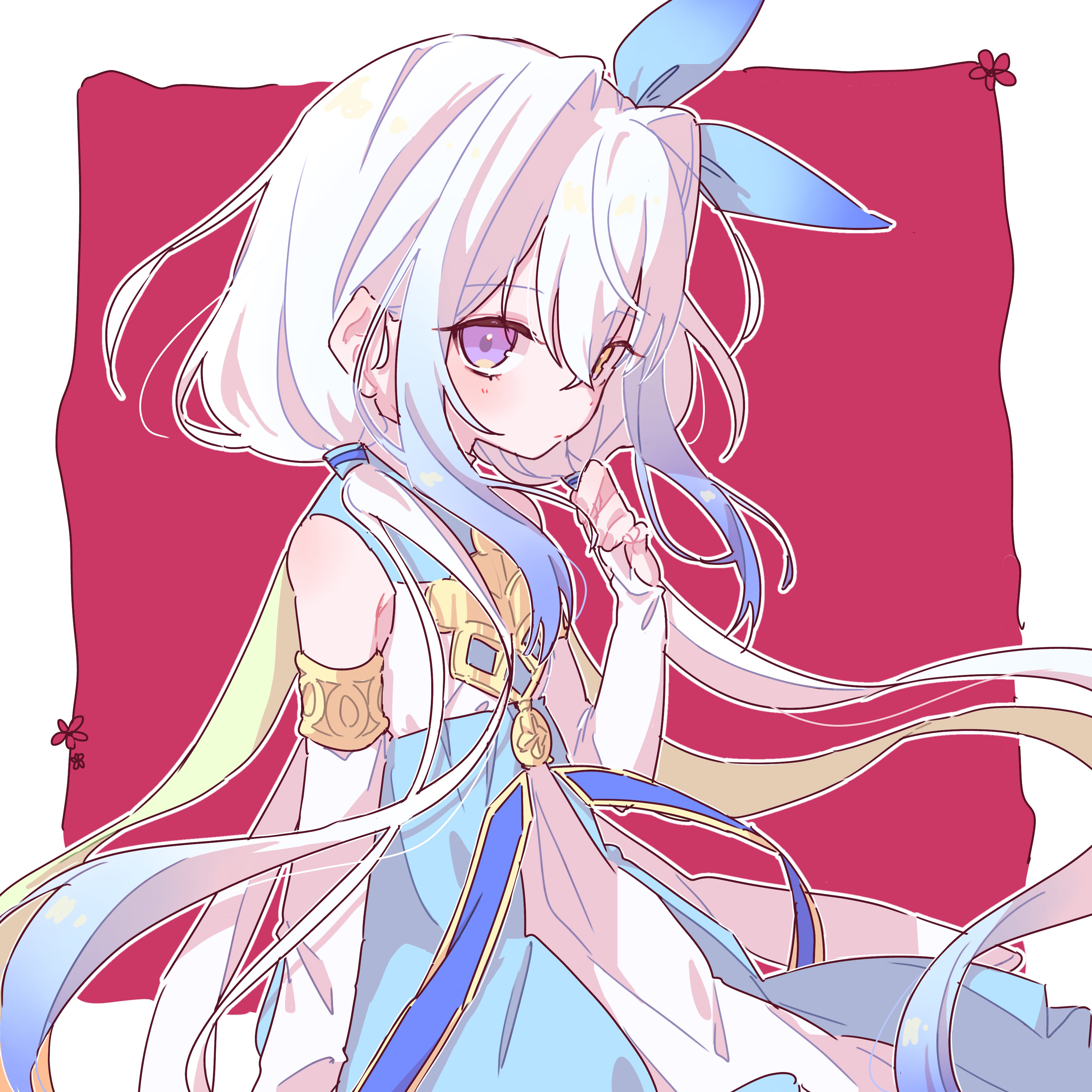 original, absurdres, highres, 1girl, bare shoulders, blue dress, blue hair, border, closed mouth, detached sleeves, dress, gradient hair, hair between eyes, hair intakes, hair ribbon, hand up, heterochromia, long hair, looking at viewer, low twintails, m0u10lv, multicolored hair, purple eyes, red background, ribbon, sleeveless, sleeveless dress, solo, twintails, very long hair, white border, white dress, white hair, yellow eyes