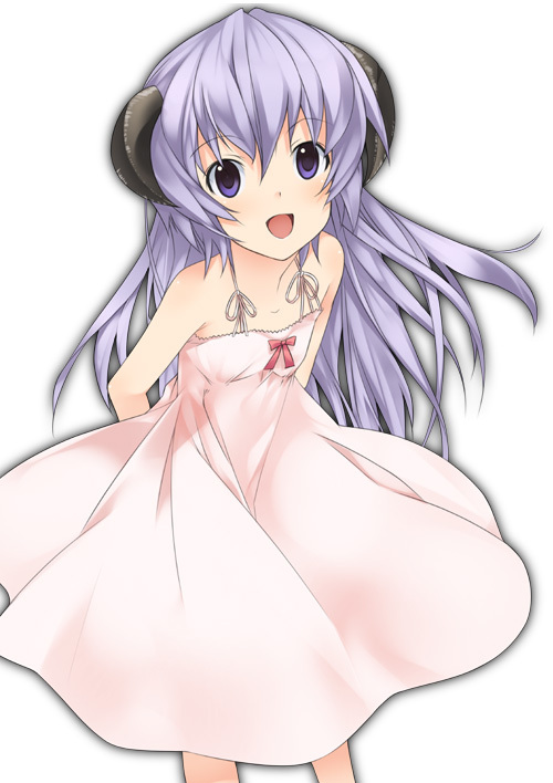 blush, dress, flat chest, horns, long hair
