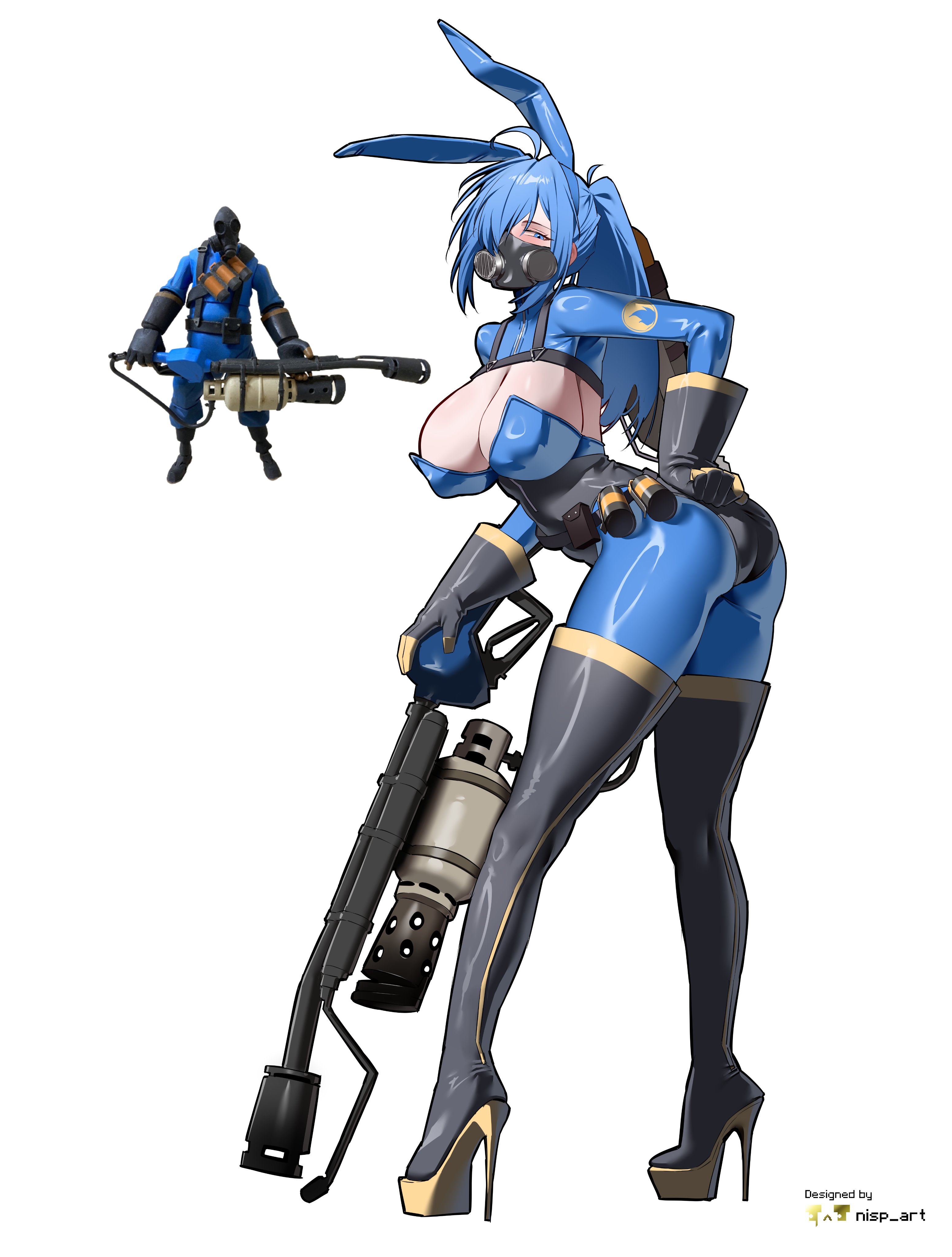 nisp art, pyro (tf2), team fortress 2, absurdres, highres, 1girl, animal ears, black boots, black gloves, blue eyes, blue hair, bodysuit, boots, breasts, cleavage, flamethrower, full body, genderswap, genderswap (otf), gloves, grabbing own ass, hand on own ass, high heel boots, high heels, holding, holding flamethrower, holding weapon, large breasts, latex, latex bodysuit, looking back, mask, ponytail, rabbit ears, reference inset, respirator, thigh boots, weapon