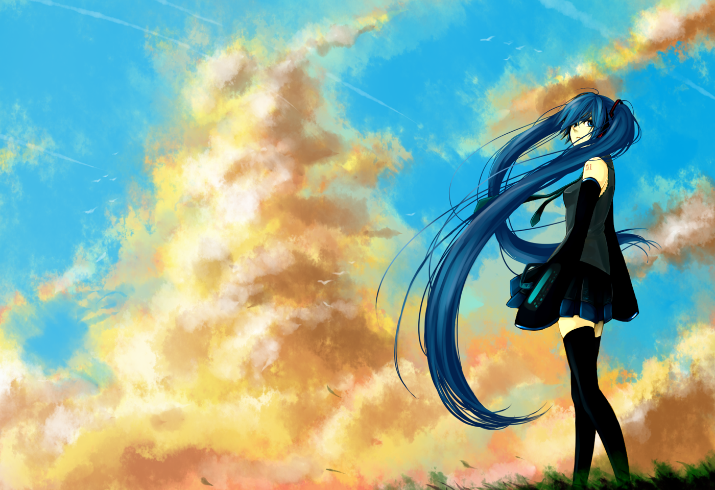 hatsune miku, vocaloid, vocaloid2, blush, long hair, necktie, thighhighs, twintails