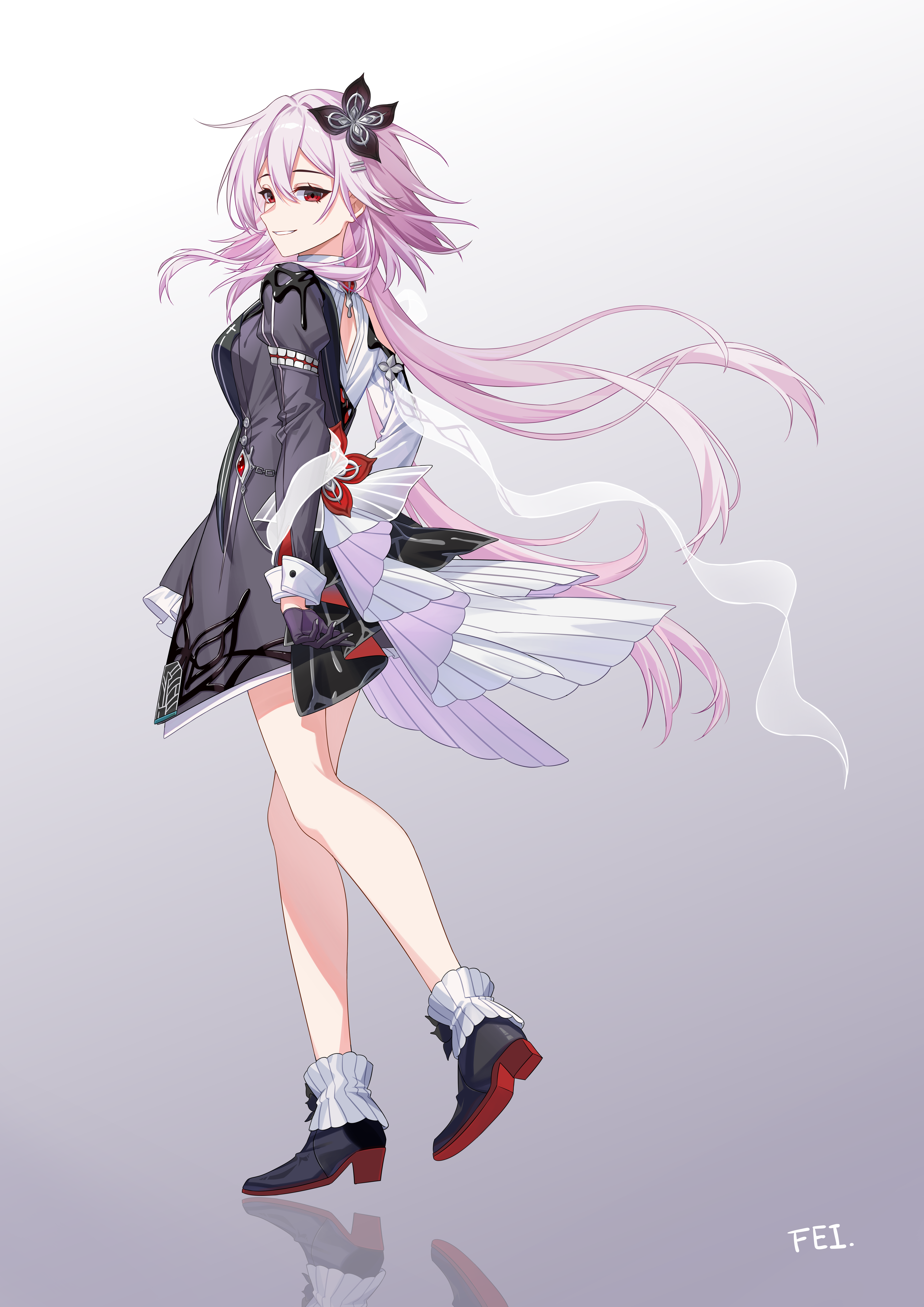 feiken 631, evernight (honkai: star rail), march 7th (honkai: star rail), honkai: star rail, honkai (series), absurdres, commentary, english commentary, highres, variant set, 1girl, ankle boots, asymmetrical clothes, black boots, black dress, black flower, black gloves, boots, breasts, dress, flower, flower ornament, full body, gloves, gradient background, hair flower, hair ornament, hairclip, high heel boots, high heels, layered dress, long hair, long sleeves, looking at viewer, medium breasts, medium hair, multicolored boots, parallel hairclips, pink hair, red boots, red eyes, red flower, shirt, short dress, signature, single bare shoulder, smile, solo, white dress, white shirt