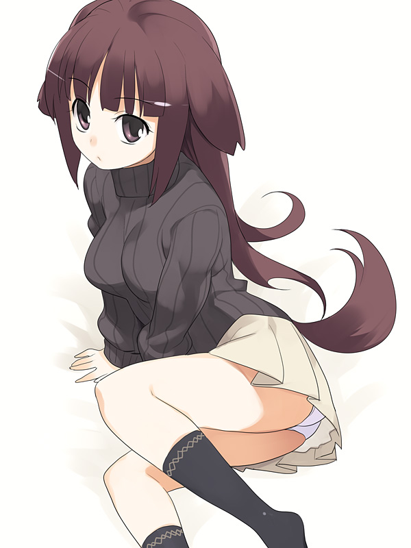 nora higuma, original, 1girl, animal ears, black eyes, brown hair, dog ears, female focus, long hair, looking at viewer, panties, pantyshot, skirt, socks, solo, sweater, tail, turtleneck, underwear, upskirt, white background