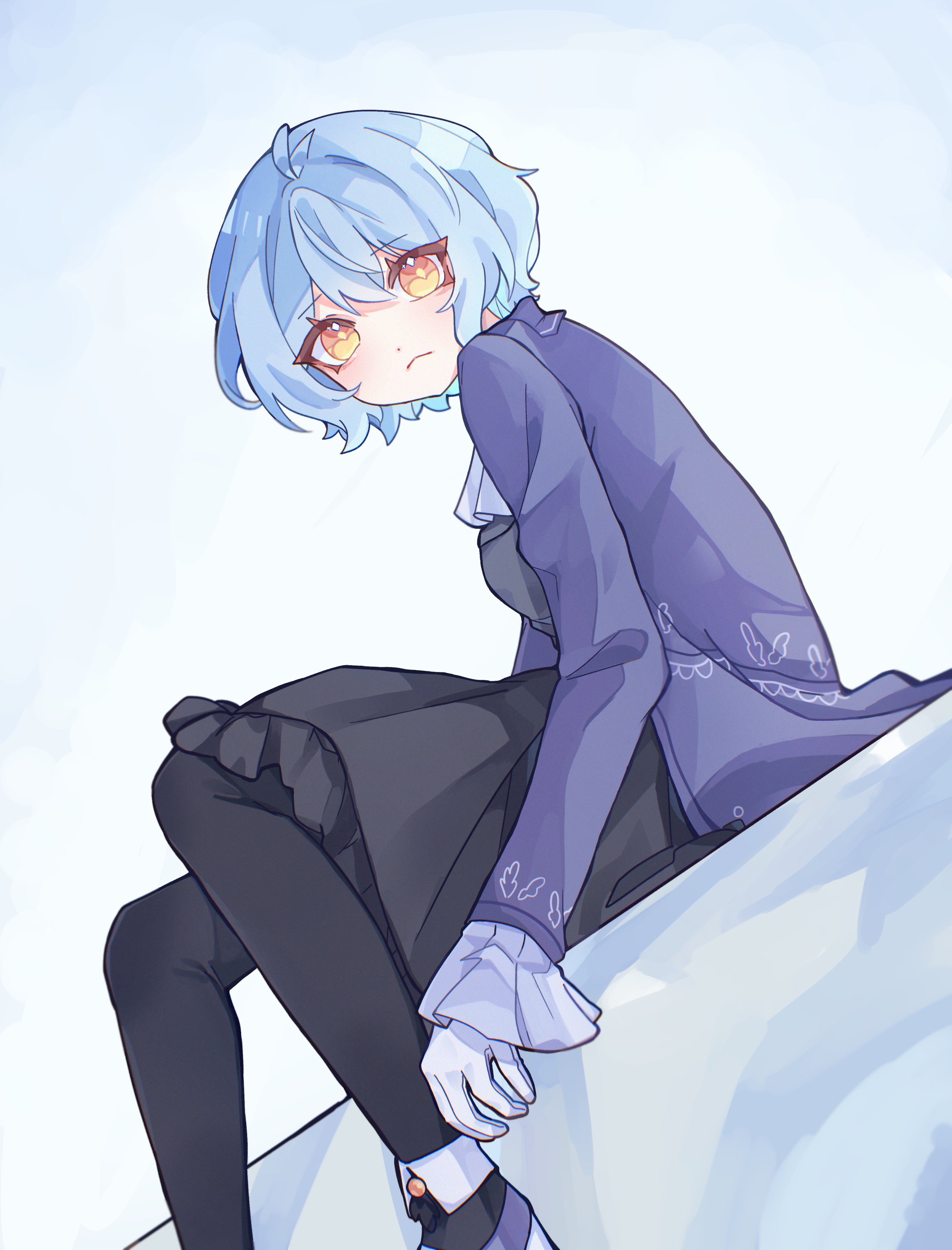 kyuncat, angela (project moon), library of ruina, project moon, absurdres, highres, 1girl, :<, ascot, black pantyhose, black skirt, black vest, blue coat, blue hair, closed mouth, coat, collared shirt, cowboy shot, long sleeves, looking at viewer, pantyhose, shirt, shoes, short hair, simple background, sitting, skirt, solo, vest, white ascot, white background, white shirt, white shoes, yellow eyes