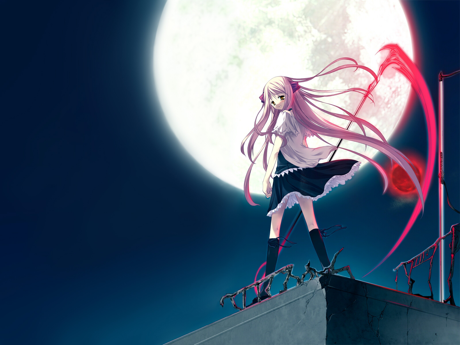 artist request, character request, copyright request, highres, tagme, 1girl, female focus, long hair, moon, skirt, solo