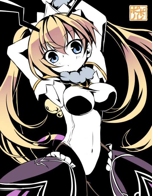 poporu, emil chronicle online, 1girl, antennae, armpits, arthropod girl, artist name, bee girl, black background, blonde hair, blue eyes, breasts, brown pantyhose, elbow gloves, gloves, insect girl, large breasts, legs up, leotard, long hair, looking at viewer, pantyhose, purple skirt, queenbee alma, signature, skirt, solo, twintails, white gloves