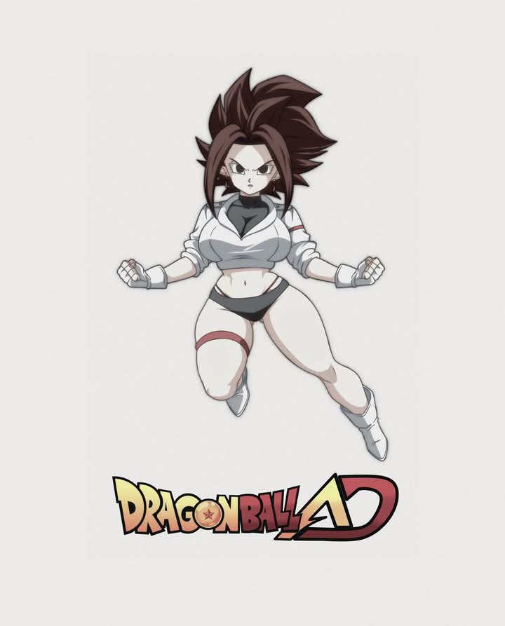 dragon ball, dragon ball super, dragonball z, original, black hair, boots, breasts, brown hair, clenched hand, clenched hands, floating, gloves, large breasts, locks, long hair, looking at viewer, micro shorts, midriff, multicolored hair, navel, open clothes, panties, shorts, sleeves rolled up, string panties, tight strap, title, turtleneck, two-tone hair, underwear, white background, white boots, white gloves